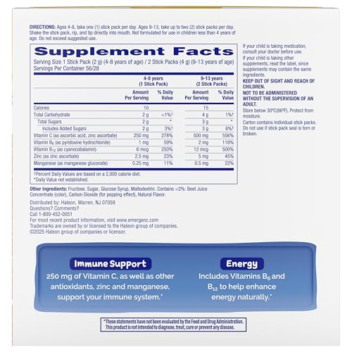 Emergen-C Kidz Crystals, On-the-Go Emergen-C Immune Support Supplement with Vitamin C, B Vitamins, Zinc and Manganese, Sparkly Strawberry, Stocking Stuffer - 56 Stick Packs