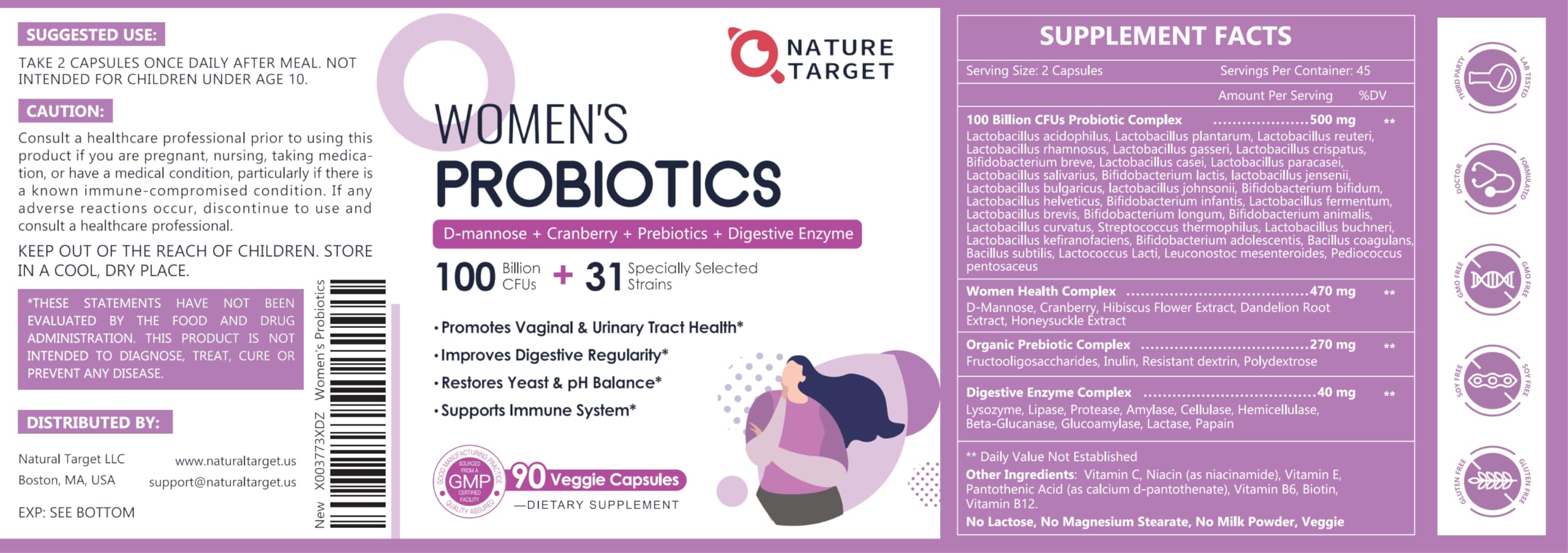 NATURE TARGET Probiotics for Women, 100 Billion CFUs Probiotic with Digestive Enzymes & Prebiotics, Vaginal Probiotics with Cranberry for Urinary Tract Health, pH Balance, 90 Veggie Capsules