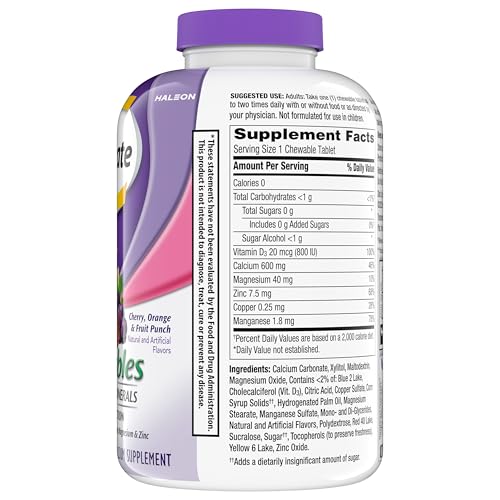 Caltrate Chewables 600 +D3 Plus Minerals Calcium and Vitamin D, Sugar Free, Cherry, Orange and Fruit Punch, 155 count