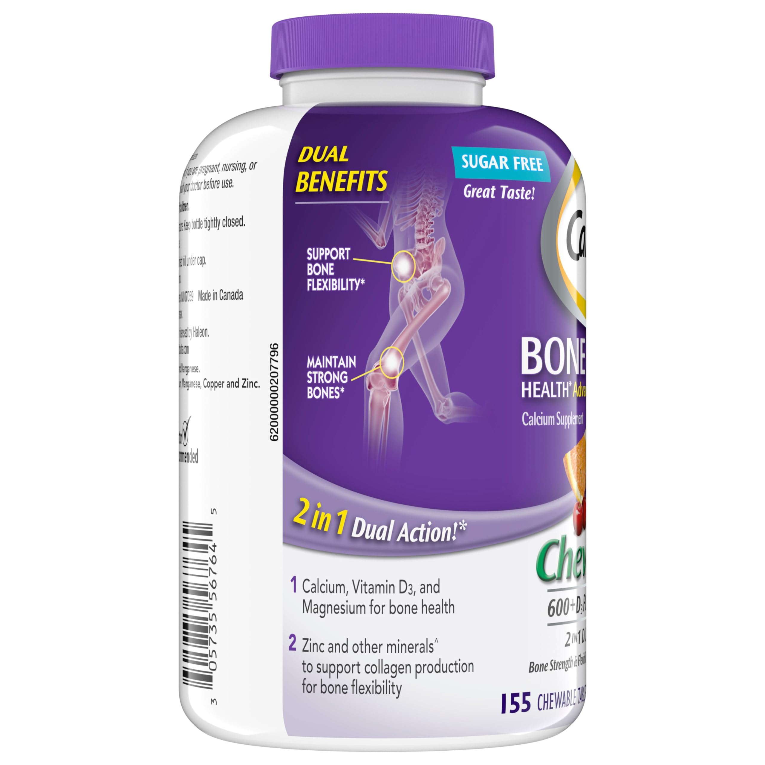 Caltrate Chewables 600 +D3 Plus Minerals Calcium and Vitamin D, Sugar Free, Cherry, Orange and Fruit Punch, 155 count