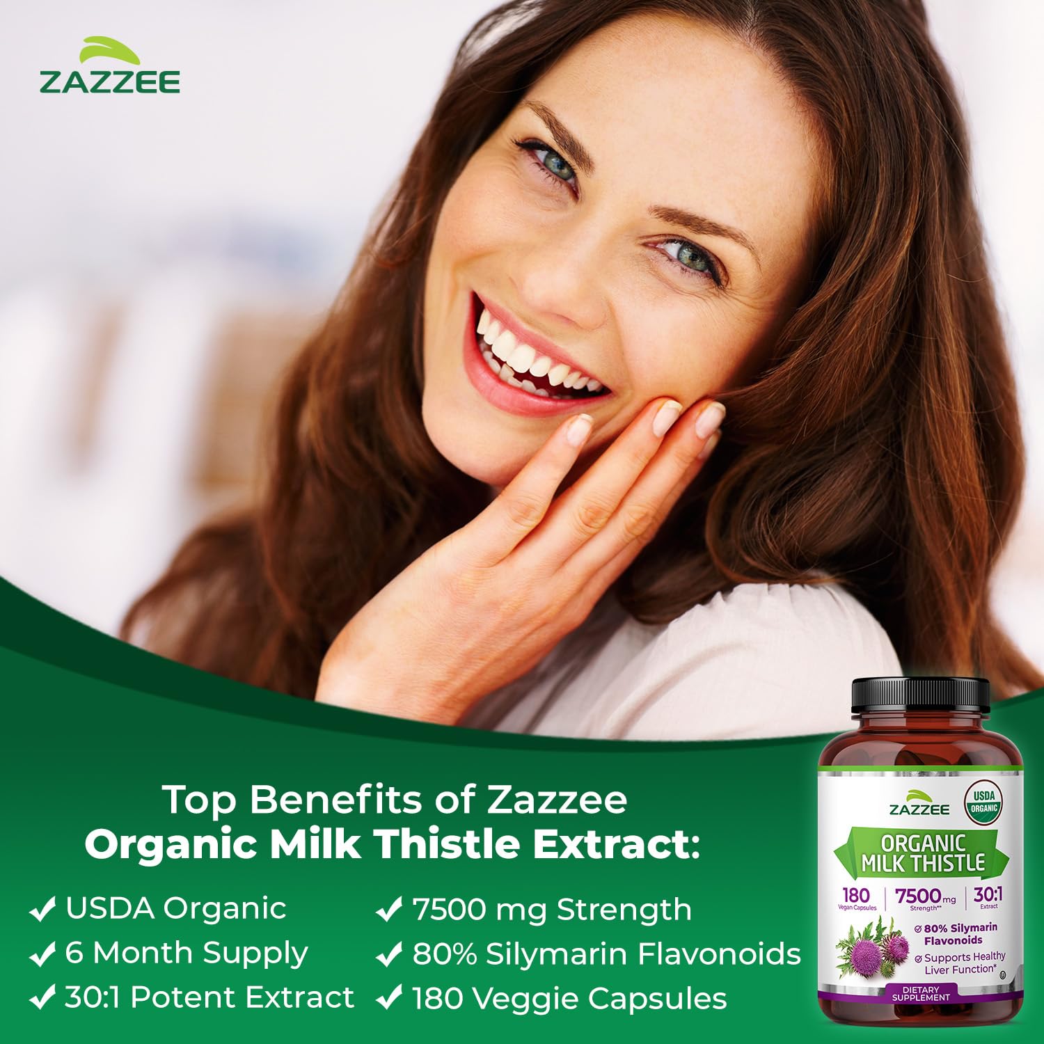 Zazzee USDA Organic Milk Thistle Extract 30:1, 80% Silymarin, 7500 mg Equivalent, 180 Vegan Capsules, Certified Kosher, High Potency Liver Support Supplement, Antioxidant Support, Non-GMO, Made in USA