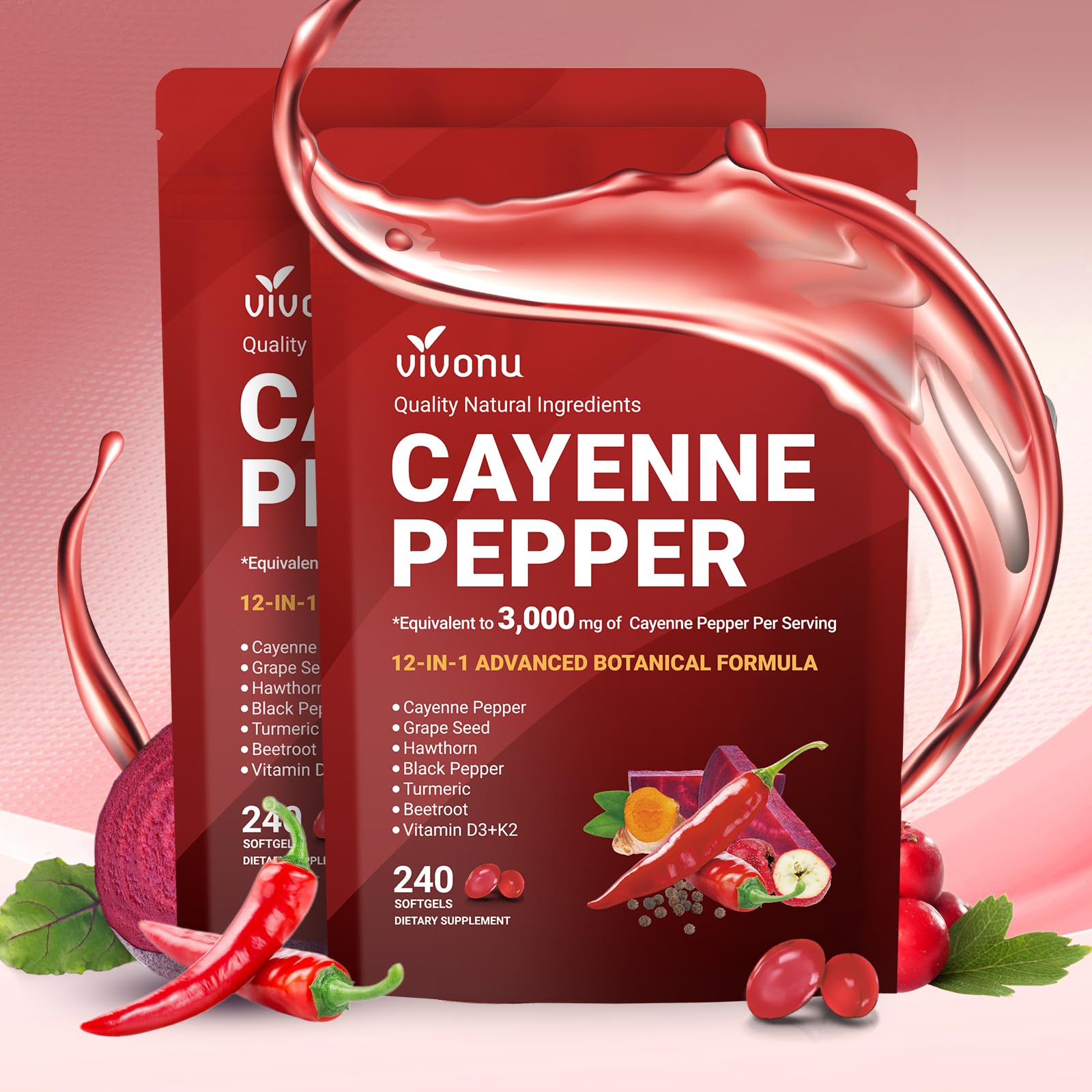 VivoNu Cayenne Pepper Softgels Supplement, Supports Leg Vein, Heart and Blood Vessel Health, with Vitamin E D3+K2 and Extracts of Grape Seed, Hawthorn, Beetroot, Berberine and Other