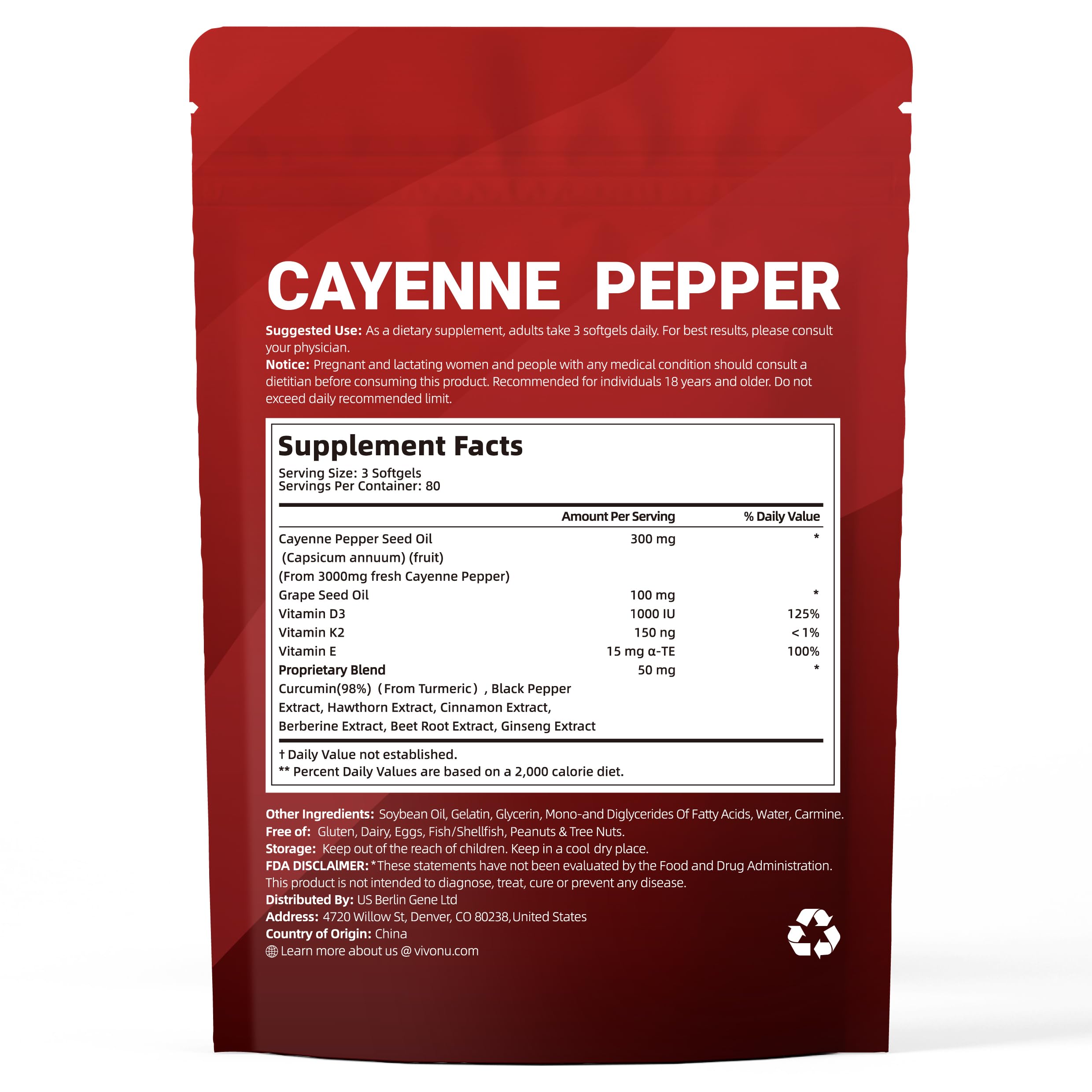 VivoNu Cayenne Pepper Softgels Supplement, Supports Leg Vein, Heart and Blood Vessel Health, with Vitamin E D3+K2 and Extracts of Grape Seed, Hawthorn, Beetroot, Berberine and Other