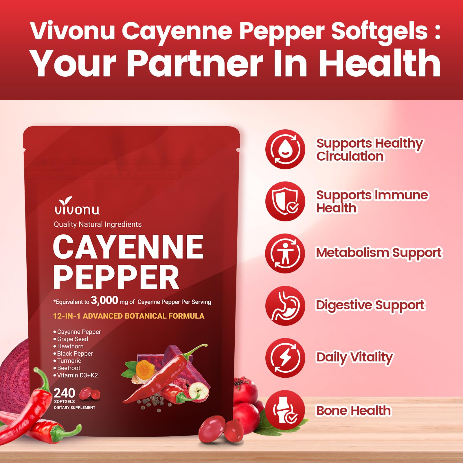 VivoNu Cayenne Pepper Softgels Supplement, Supports Leg Vein, Heart and Blood Vessel Health, with Vitamin E D3+K2 and Extracts of Grape Seed, Hawthorn, Beetroot, Berberine and Other