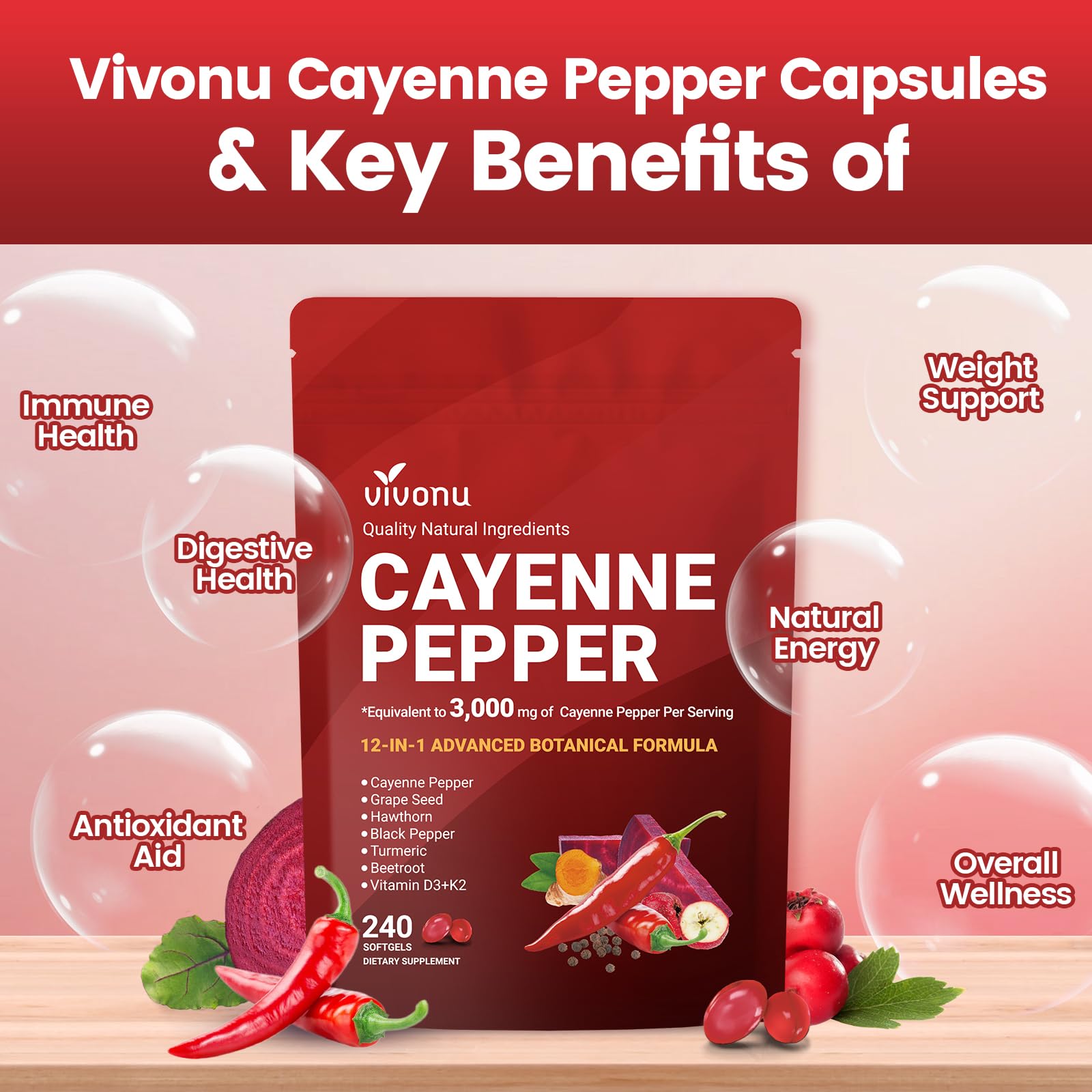 VivoNu Cayenne Pepper Softgels Supplement, Supports Leg Vein, Heart and Blood Vessel Health, with Vitamin E D3+K2 and Extracts of Grape Seed, Hawthorn, Beetroot, Berberine and Other