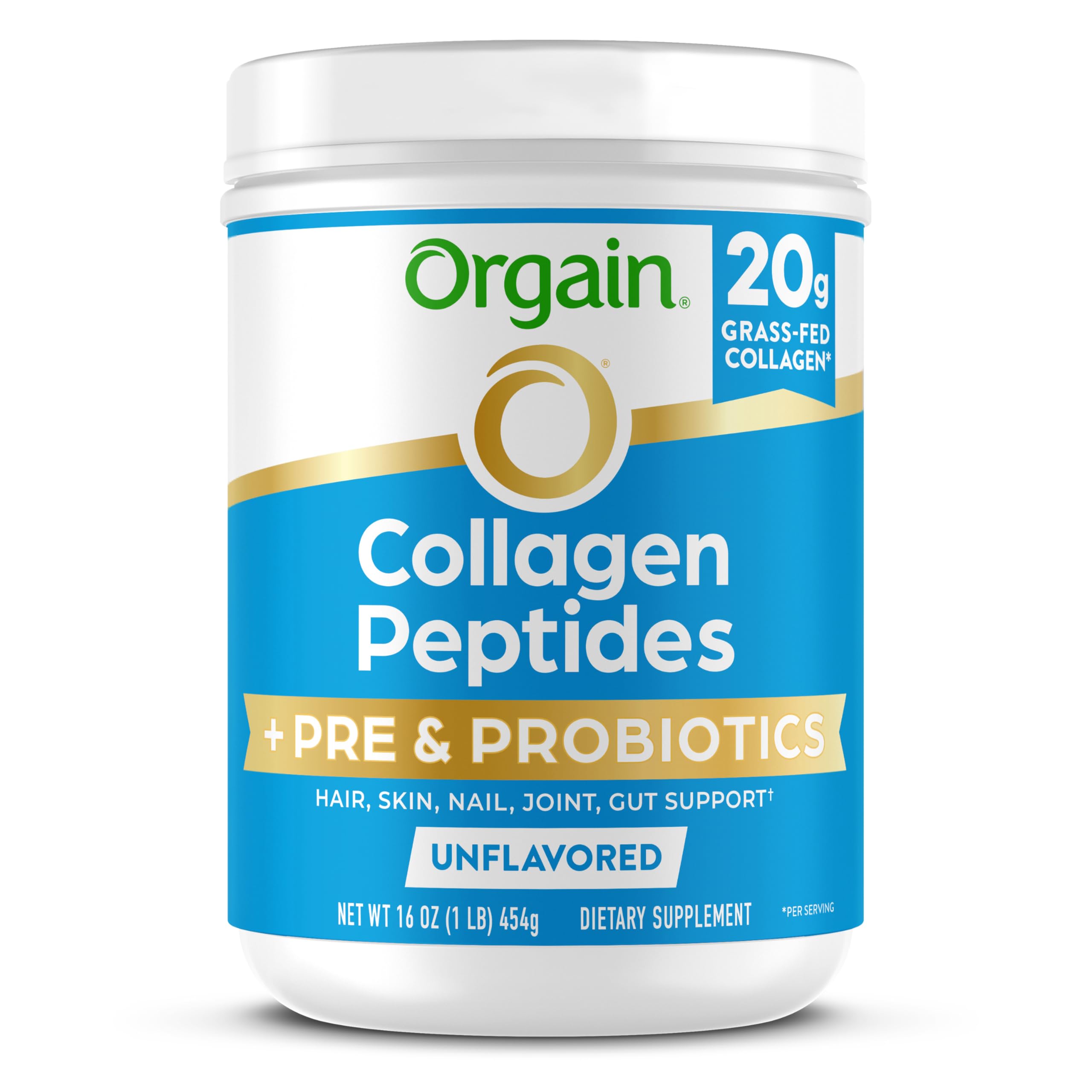 Orgain Hydrolyzed Collagen Peptides + Prebiotic & Probiotics Powder for Women & Men, 20g Grass Fed Collagen, 1 Billion CFU - Supports Digestive, Hair, Skin & Joint Health, Non-GMO, Type I & III, 1lb