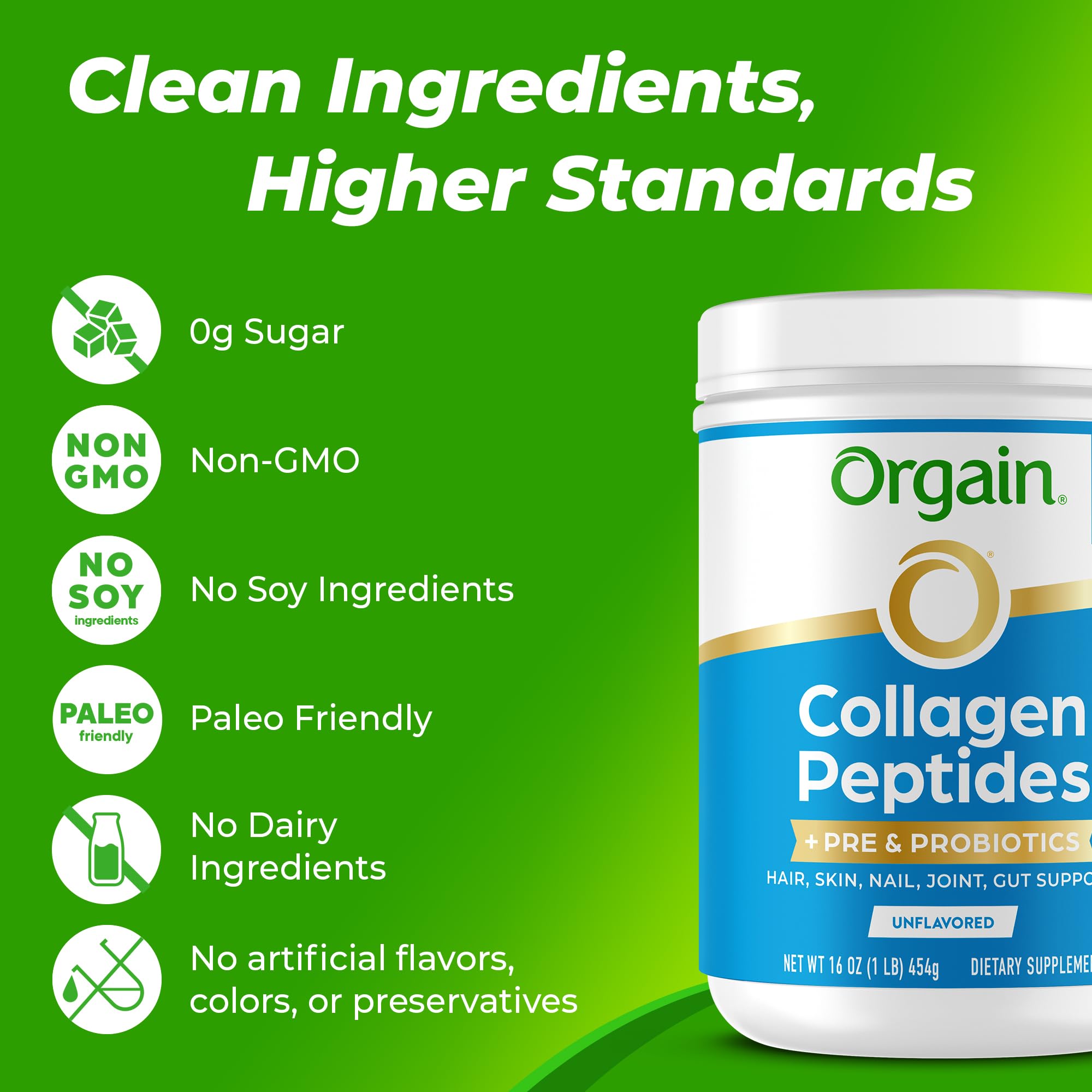 Orgain Hydrolyzed Collagen Peptides + Prebiotic & Probiotics Powder for Women & Men, 20g Grass Fed Collagen, 1 Billion CFU - Supports Digestive, Hair, Skin & Joint Health, Non-GMO, Type I & III, 1lb