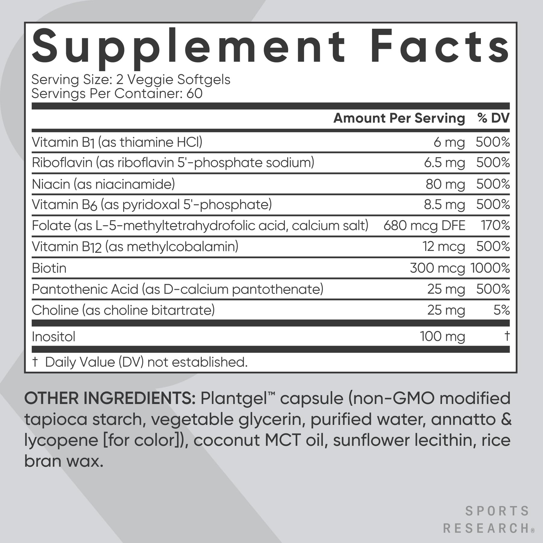 Sports Research® Vitamin B-Complex - Full Spectrum of B Vitamins with Methylated B12 & Folate - Gluten Free · Plant-Based · Non-GMO · Vegan-Friendly Formula - 120 Veggie Softgels