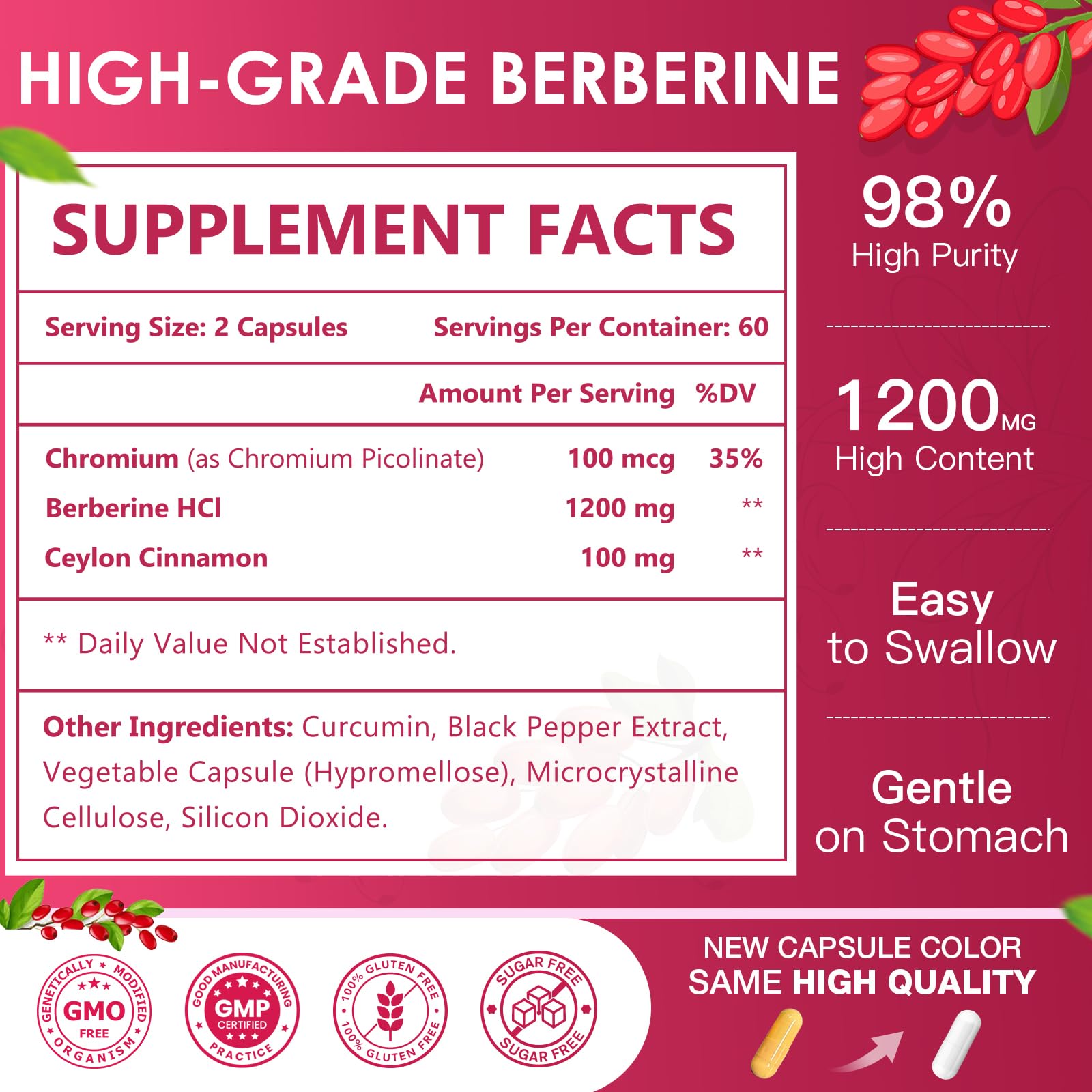 NATURE TARGET Berberine HCl 1200mg, Berberine Supplement with Ceylon Cinnamon, Chromium - Supports Immune, Gastrointestinal & Digestive Health, Non-GMO, 120 Capsules