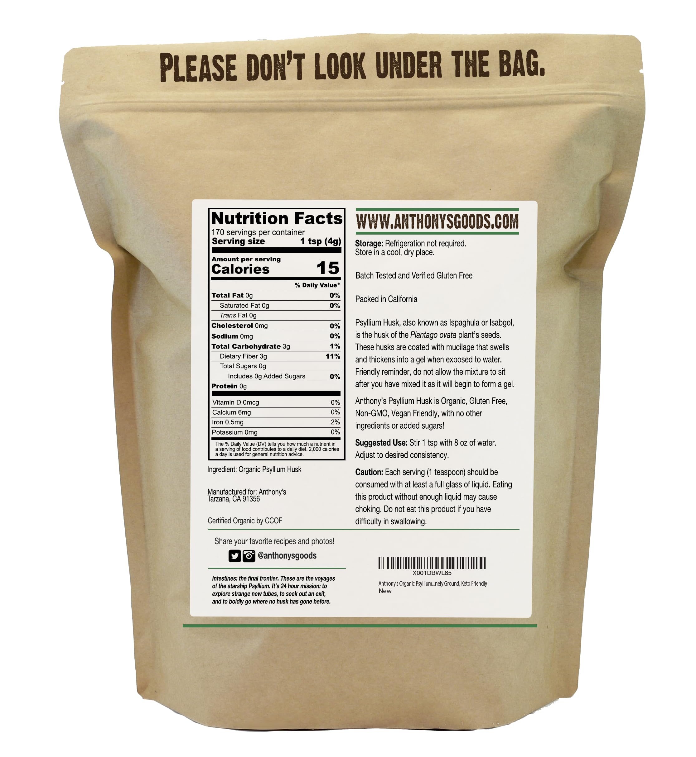 Anthony's Organic Psyllium Husk Powder, 1.5 lb, Gluten Free, Non GMO, Finely Ground, Keto Friendly