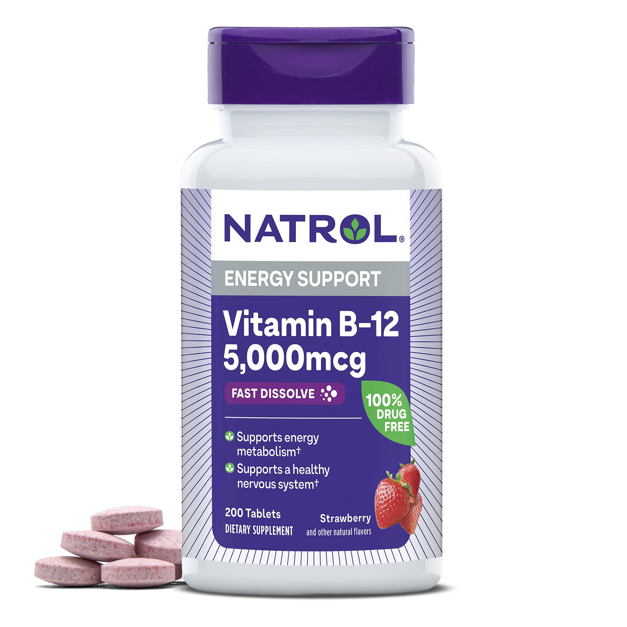 Natrol B12 Vitamins 5000 mcg, Fast Dissolve Vitamin B12 Supplement Supports a Healthy Nervous System and Energy Metabolism, 200 Tablets, Up to a 200 Day Supply