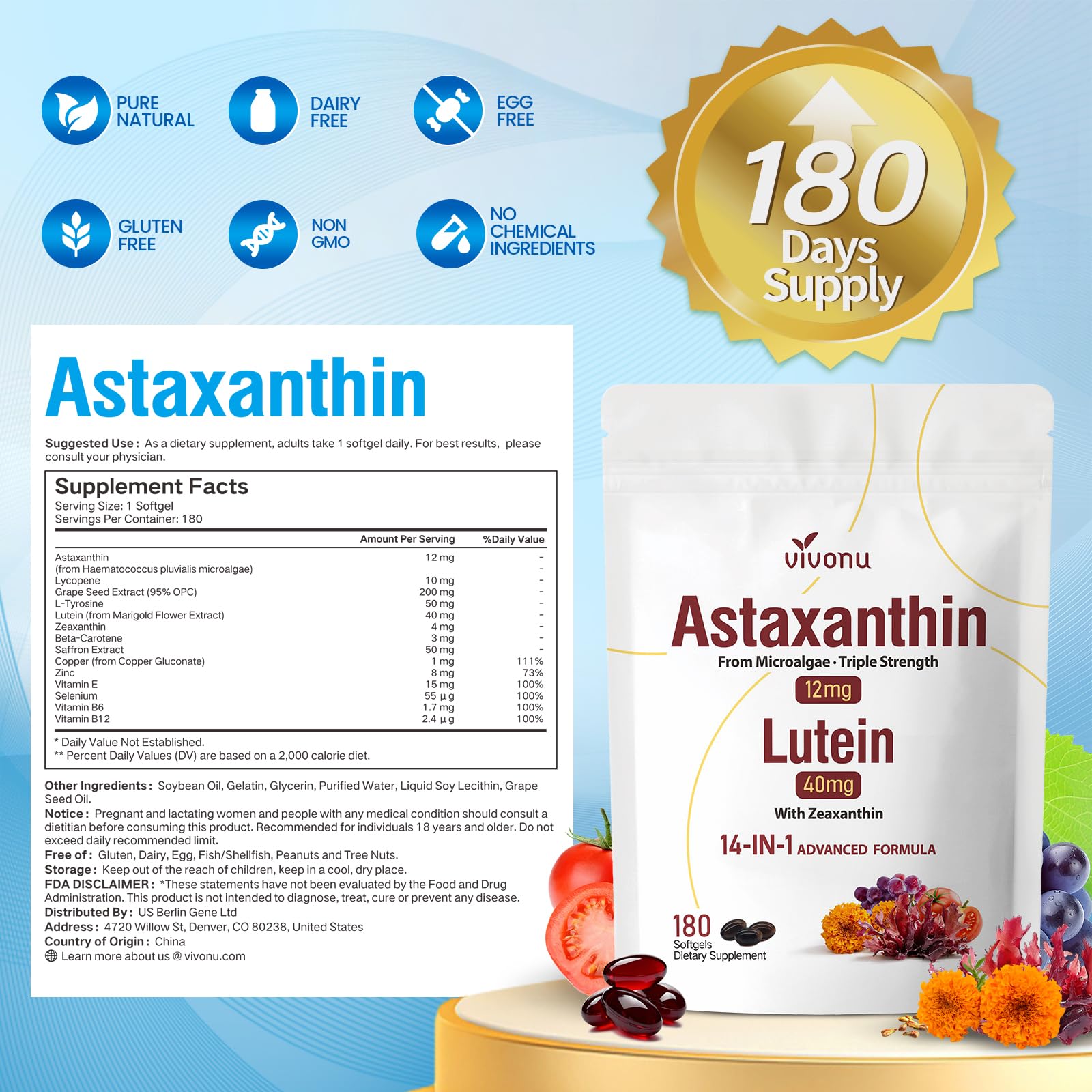 14-in-1 Astaxanthin 12mg & Lutein 40mg with Zeaxanthin Supplements, 6 Month Supply, Fresh Microalgae Source, Supports Eye, Skin, Antioxidant, Joint, Circulatory Health Non-GMO Gluten Free 180 Softgels