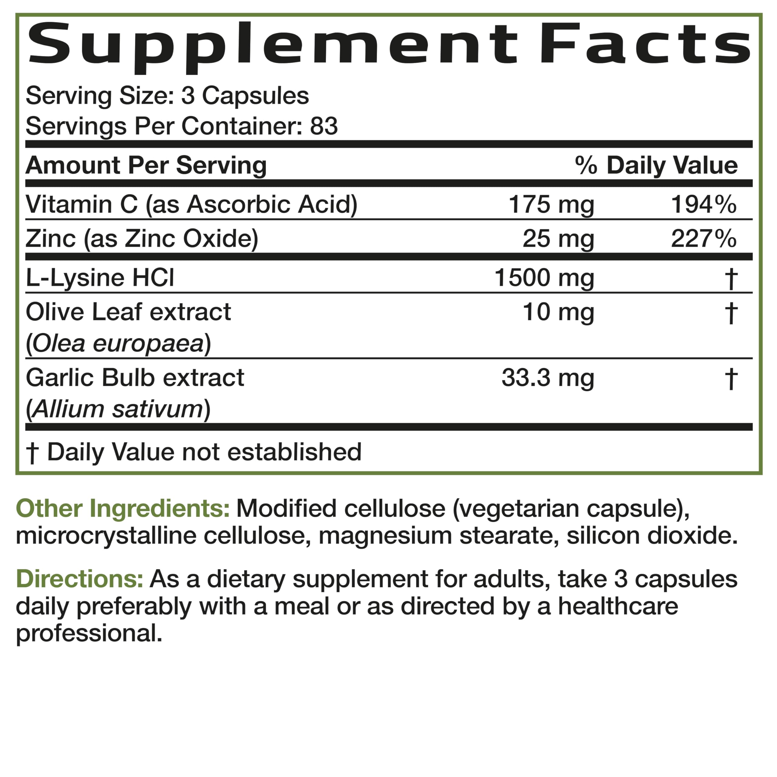 Bronson L-Lysine Defense Immune Support Complex 1500 MG L-Lysine Plus Olive Leaf, Garlic, Vitamin C and Zinc - Non-GMO, 250 Vegetarian Capsules