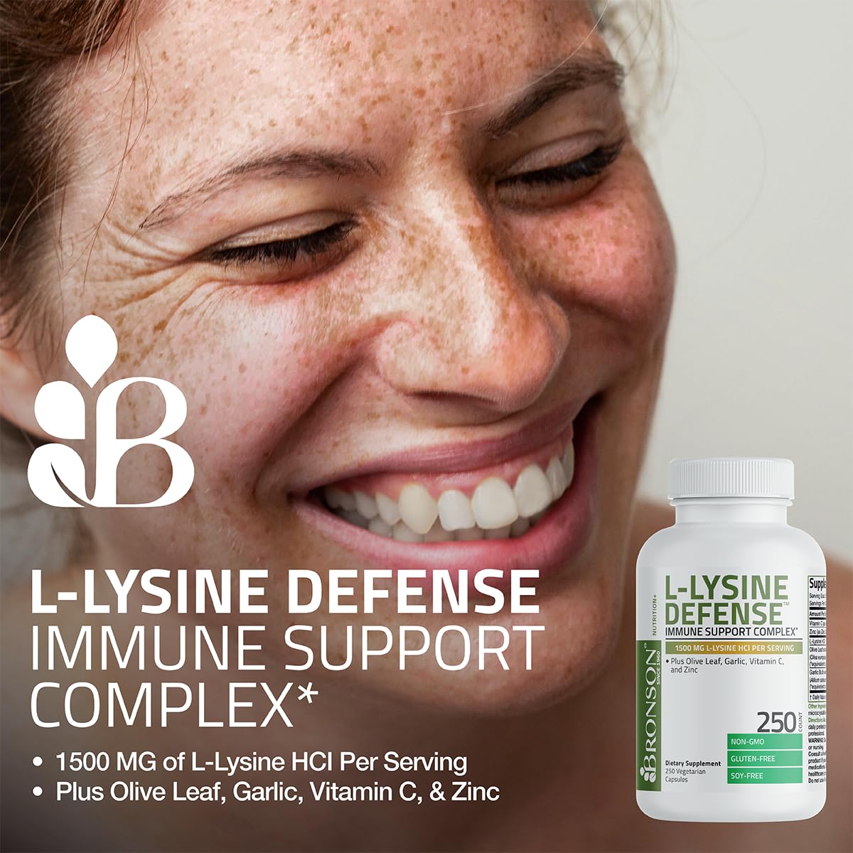 Bronson L-Lysine Defense Immune Support Complex 1500 MG L-Lysine Plus Olive Leaf, Garlic, Vitamin C and Zinc - Non-GMO, 250 Vegetarian Capsules