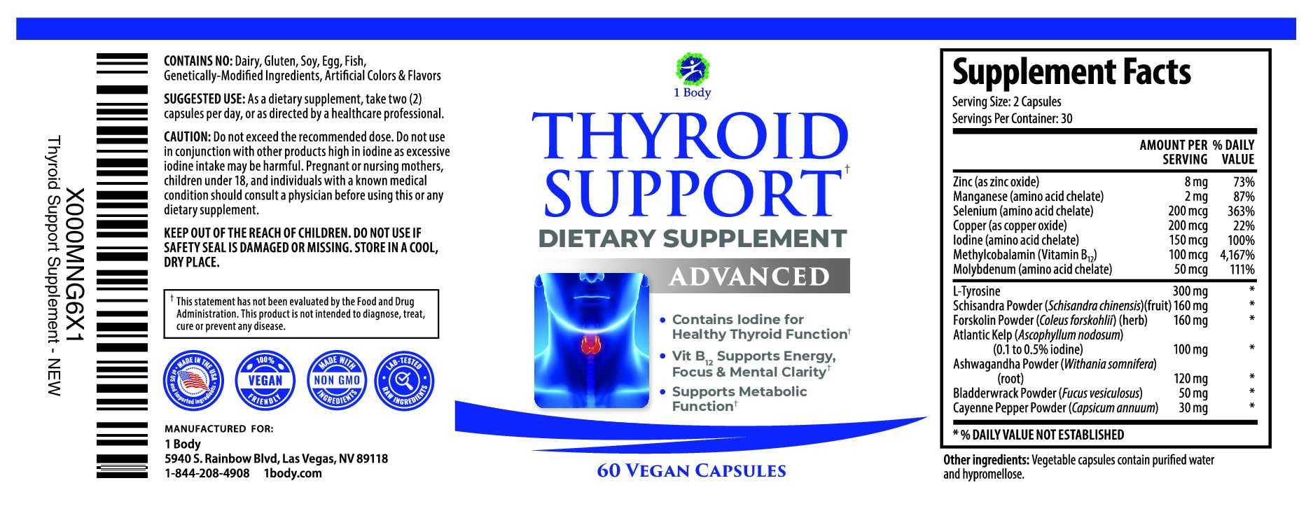 1 Body Thyroid Support Supplement for Women and Men, Selenium with Iodine, Zinc, B12, Ashwagandha and L-Tyrosine, Supports Hormone Health, Energy and Metabolism, 30 Day Supply