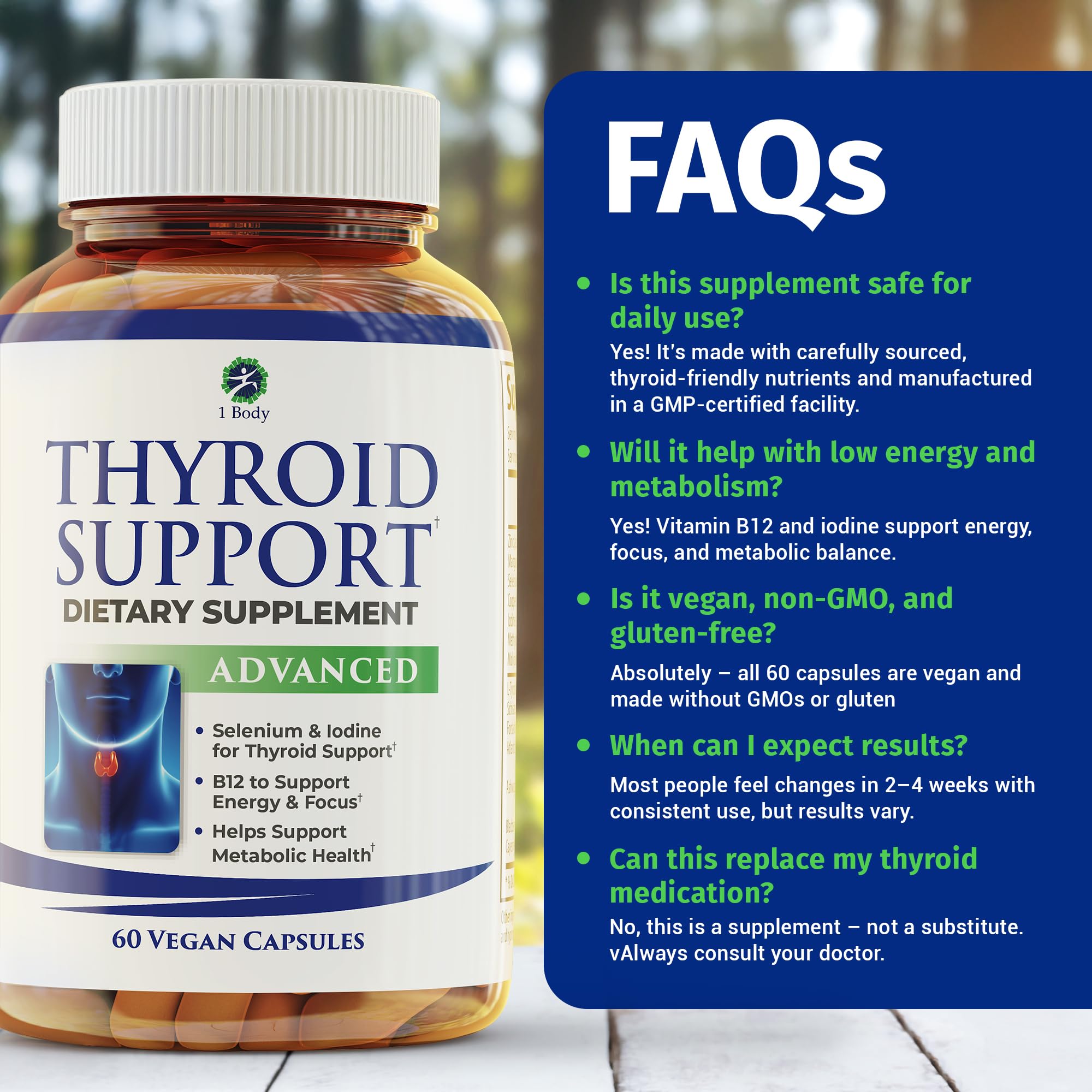 1 Body Thyroid Support Supplement for Women and Men, Selenium with Iodine, Zinc, B12, Ashwagandha and L-Tyrosine, Supports Hormone Health, Energy and Metabolism, 30 Day Supply