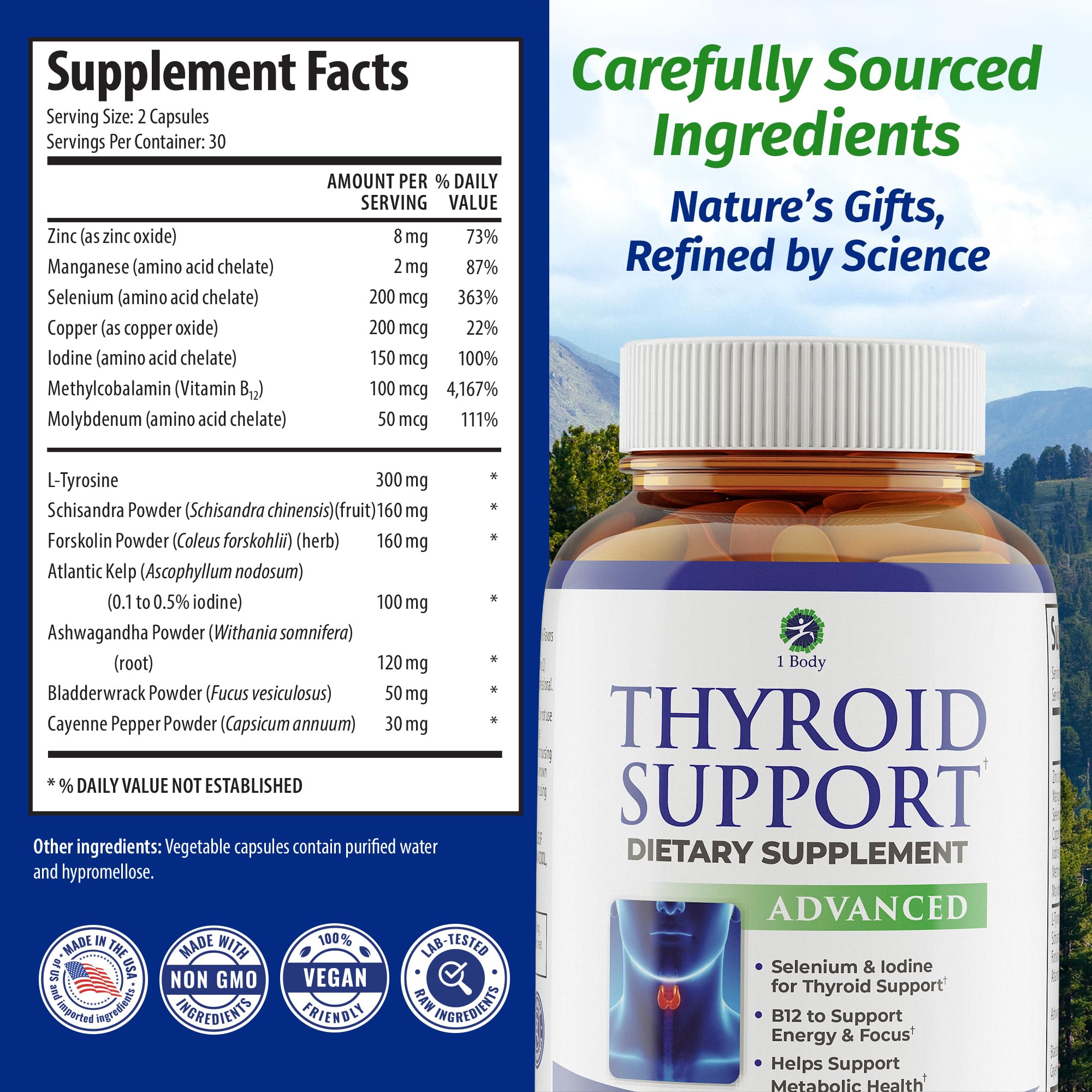 1 Body Thyroid Support Supplement for Women and Men, Selenium with Iodine, Zinc, B12, Ashwagandha and L-Tyrosine, Supports Hormone Health, Energy and Metabolism, 30 Day Supply