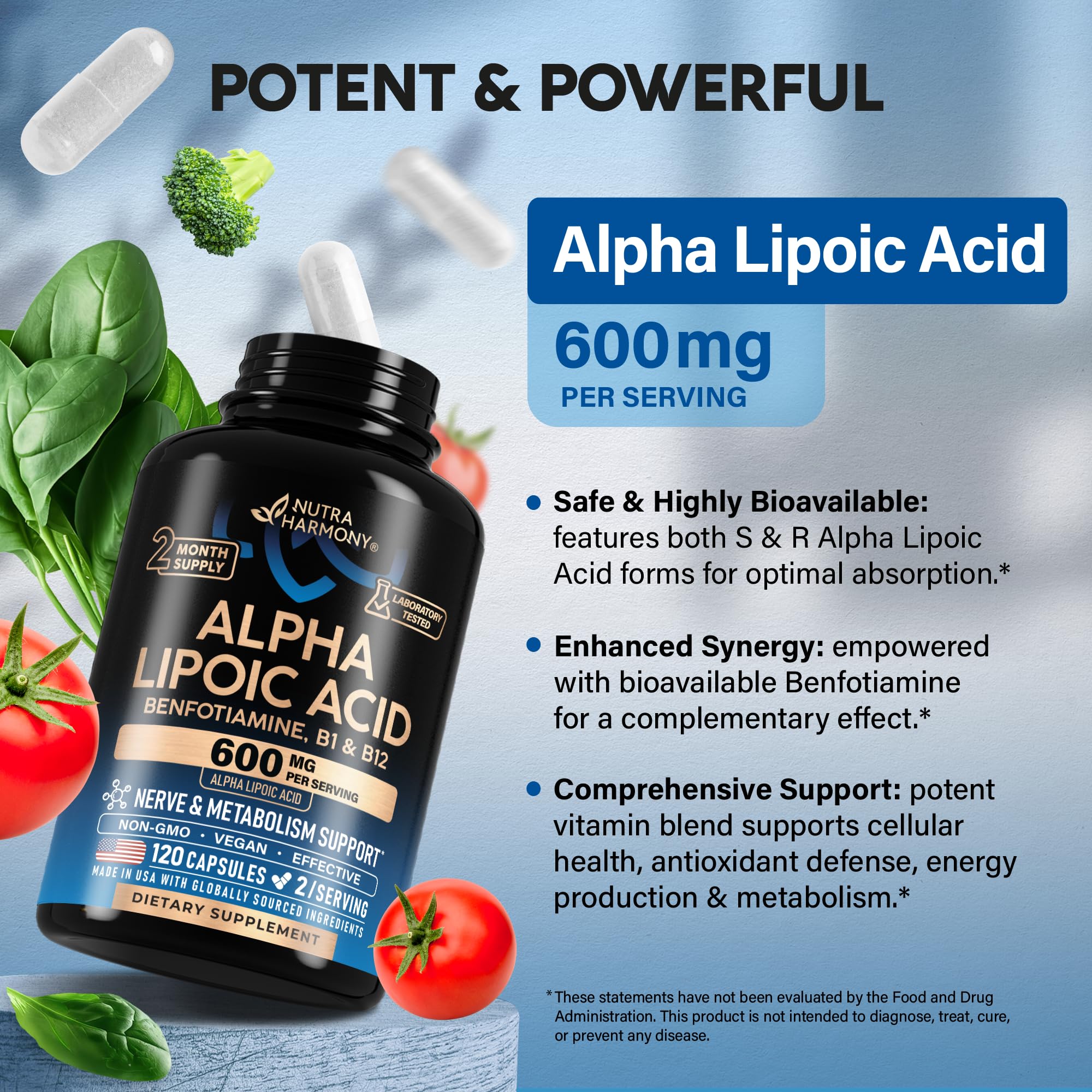 Alpha Lipoic Acid 600mg - ALA Supplement Antioxidant for Nerve, Energy & Metabolism Support - Extra Strength with Benfotiamine, B1 & B12 - Lab Tested, NON-GMO & Vegan - 120 Capsules, 2 Month Supply