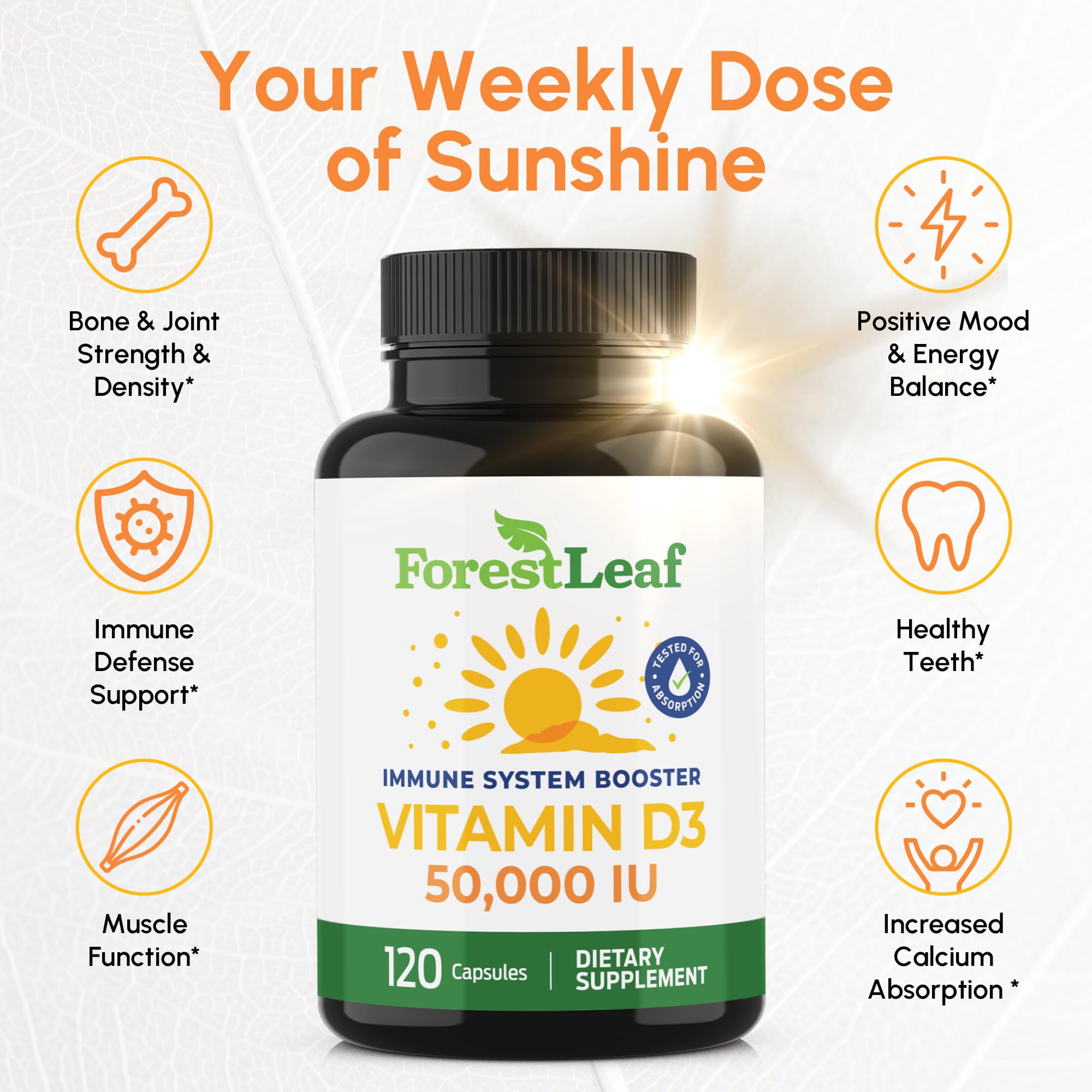 ForestLeaf Vitamin D3 50,000 IU | VIT D - Kosher VIT D3 Vitamin D Supplement for Women and Men | Bone Health, Teeth, Immune Support | Weekly Dose, 2-Year Supply, 120 Caps