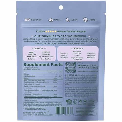 Plant People WonderSleep Mushroom Gummies Supplement for Sleep, No Melatonin with Reishi Super Mushrooms, Wild Elderberry Flavor, No Sugar (60 Count)