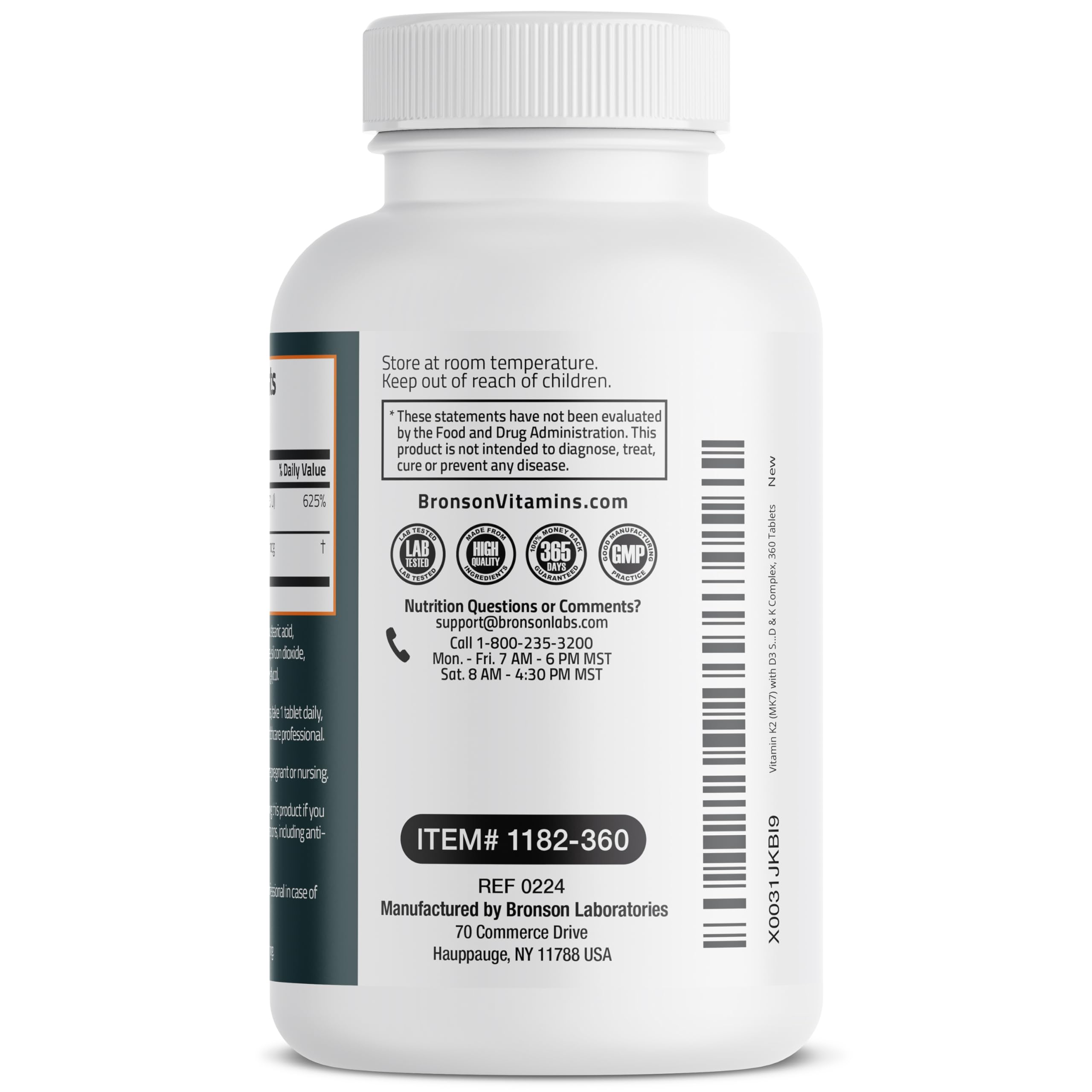 Bronson Vitamin K2 D3 (MK7) Supplement Non-GMO Formula Vitamin D3 5000IU (125 mcg) & 90 mcg K2 MK-7, Easy to Swallow D & K Complex, 360 Tablets