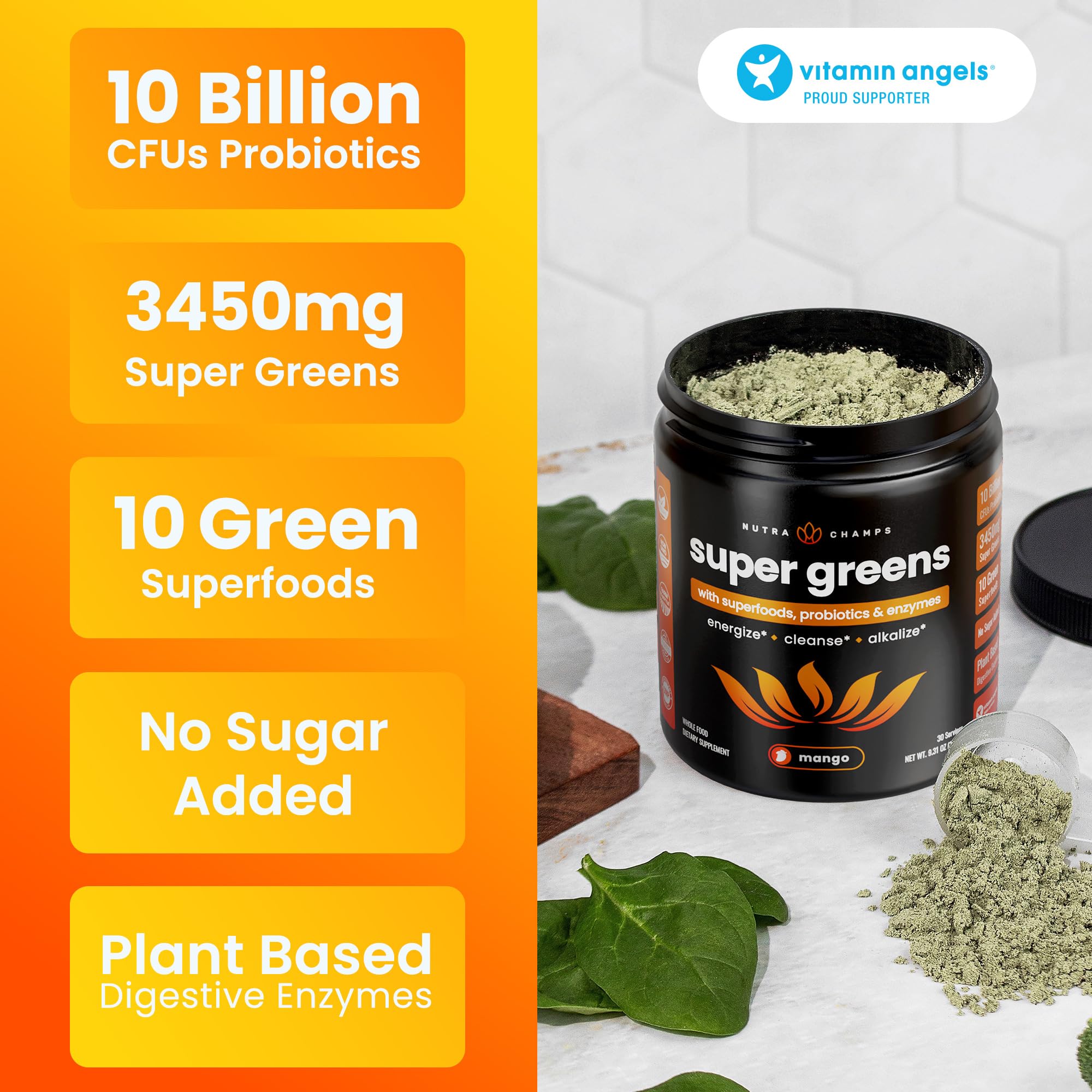 NutraChamps Super Greens Powder Premium Superfood | 20+ Organic Green Veggie Whole Foods | Wheat Grass, Spirulina, Chlorella | Antioxidant, Digestive Enzyme & Probiotic Blends (9.0 OZ, Mango)