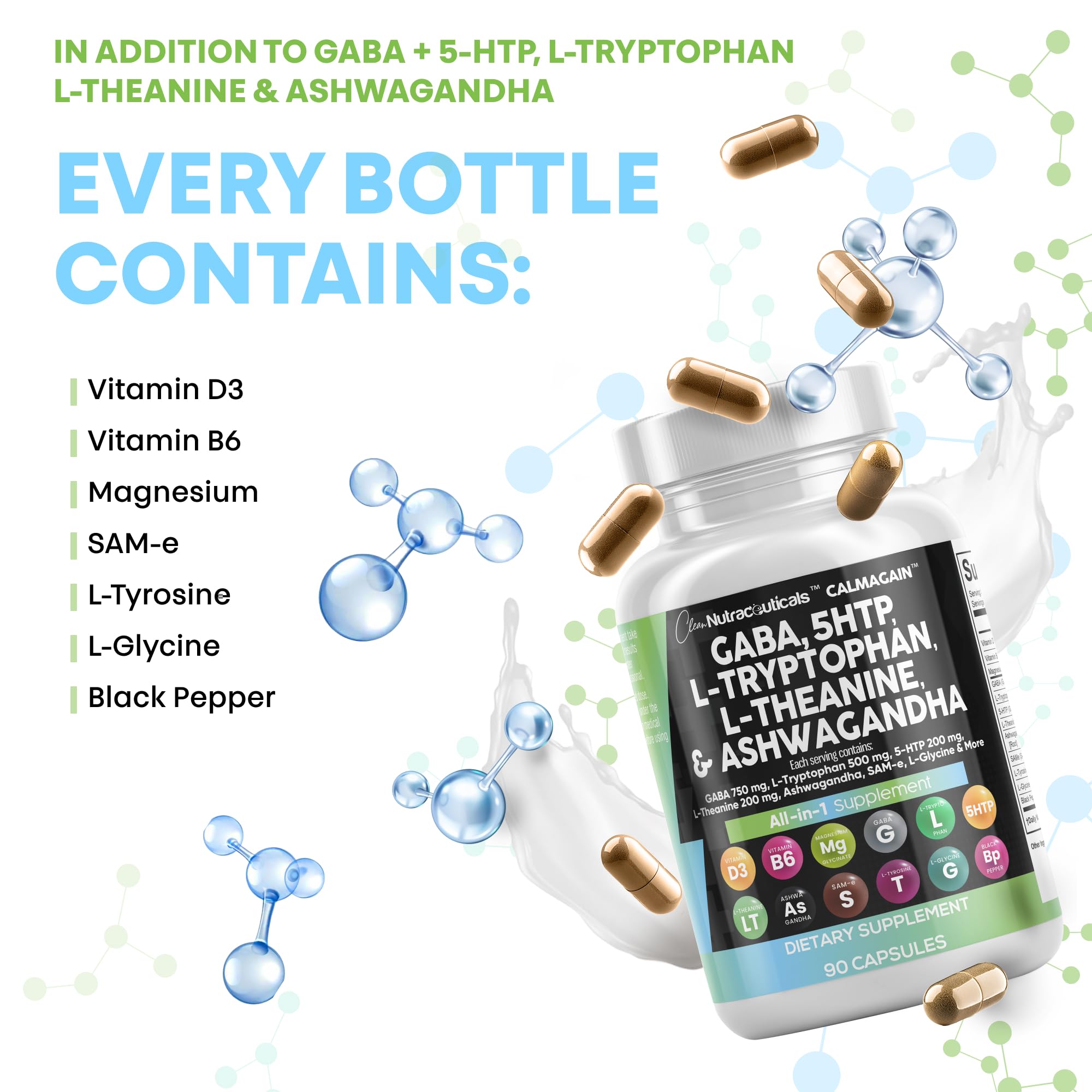 Clean Nutraceuticals GABA 750mg 5 HTP 200mg L Tryptophan 500mg L Theanine 200mg Ashwagandha SAM-e L-Glycine - Mood Support Vitamins for Women and Men with L-Tyrosine 5-HTP (5-Hydroxytryptophan)