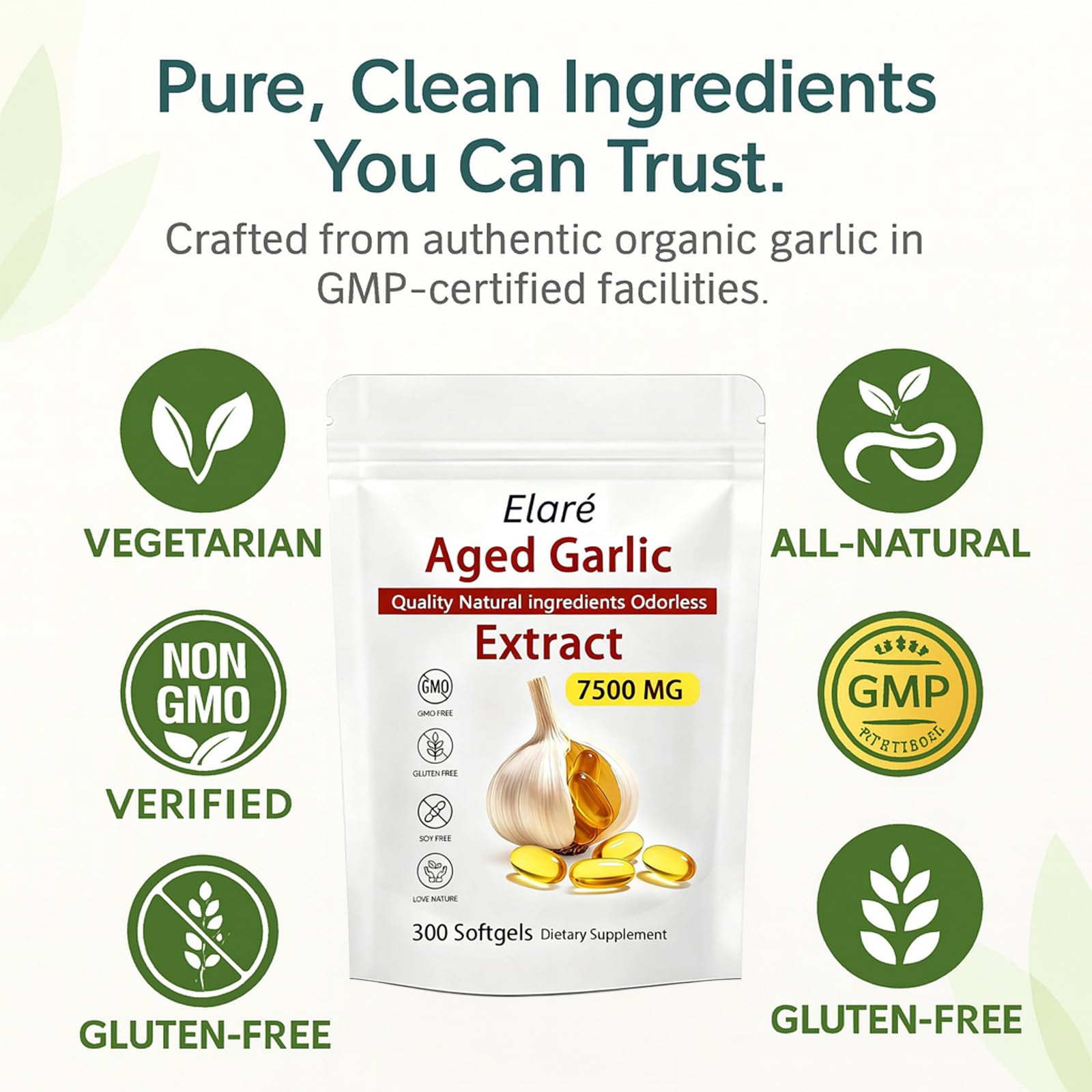 Elare Aged Garlic Extract – 300 Count 7500mg Odorless Organic Garlic Supplement for Heart & Immune Support – Vegetarian, Non-GMO, All-Natural Softgels, 2-Year Matured for Antioxidant Wellness (1)