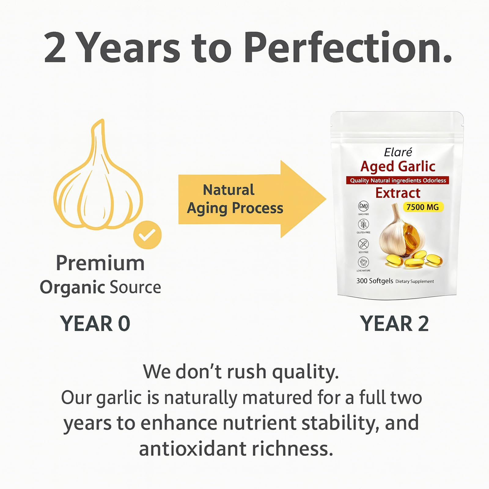 Elare Aged Garlic Extract – 300 Count 7500mg Odorless Organic Garlic Supplement for Heart & Immune Support – Vegetarian, Non-GMO, All-Natural Softgels, 2-Year Matured for Antioxidant Wellness (1)