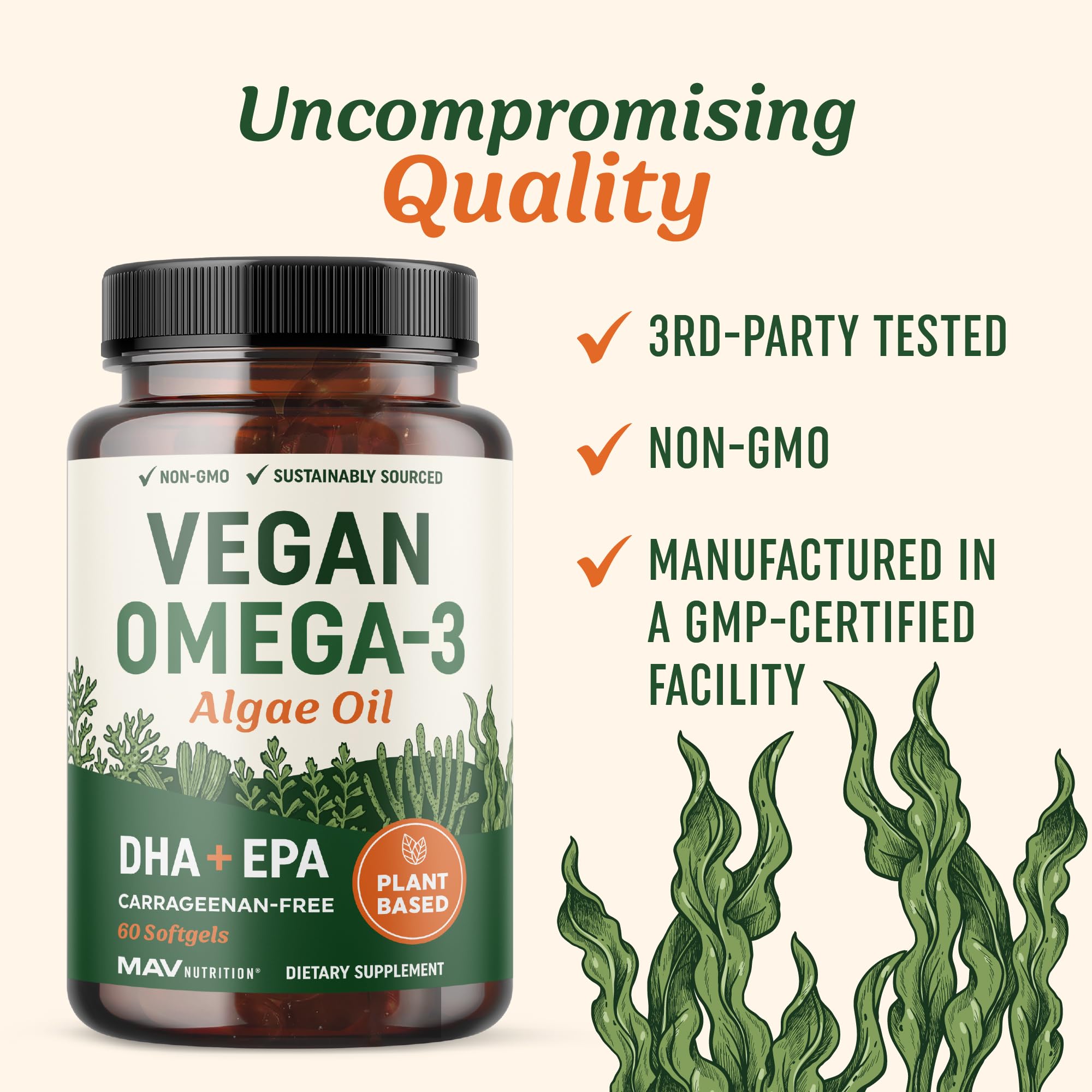 Vegan Omega 3 Algae Oil | Plant Based DHA EPA | Sustainably Sourced, No Carrageenan, Non GMO | Heart, Brain, and Eye Health | Fish Oil Alternative | Algae Omega 3 Supplement | 60 Softgel Capsules