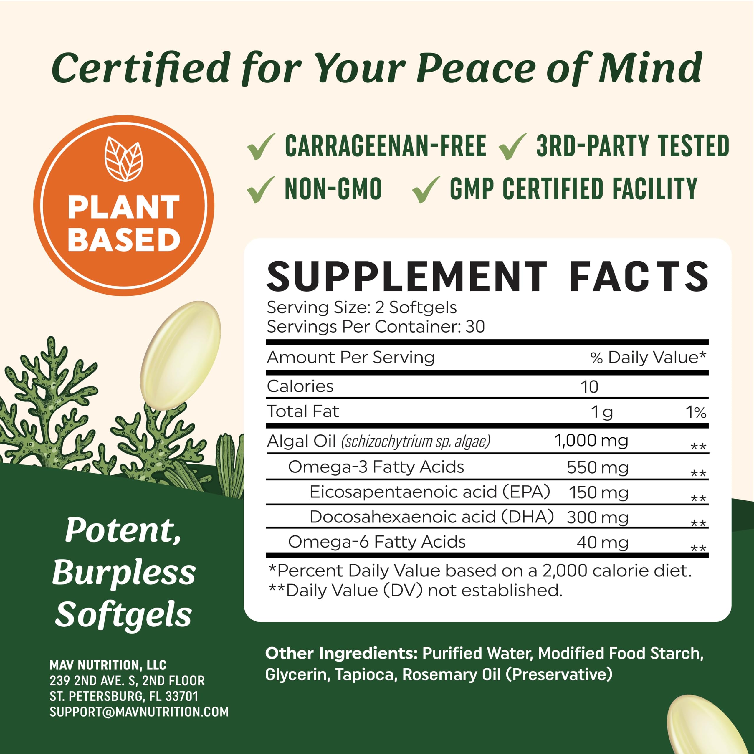 Vegan Omega 3 Algae Oil | Plant Based DHA EPA | Sustainably Sourced, No Carrageenan, Non GMO | Heart, Brain, and Eye Health | Fish Oil Alternative | Algae Omega 3 Supplement | 60 Softgel Capsules