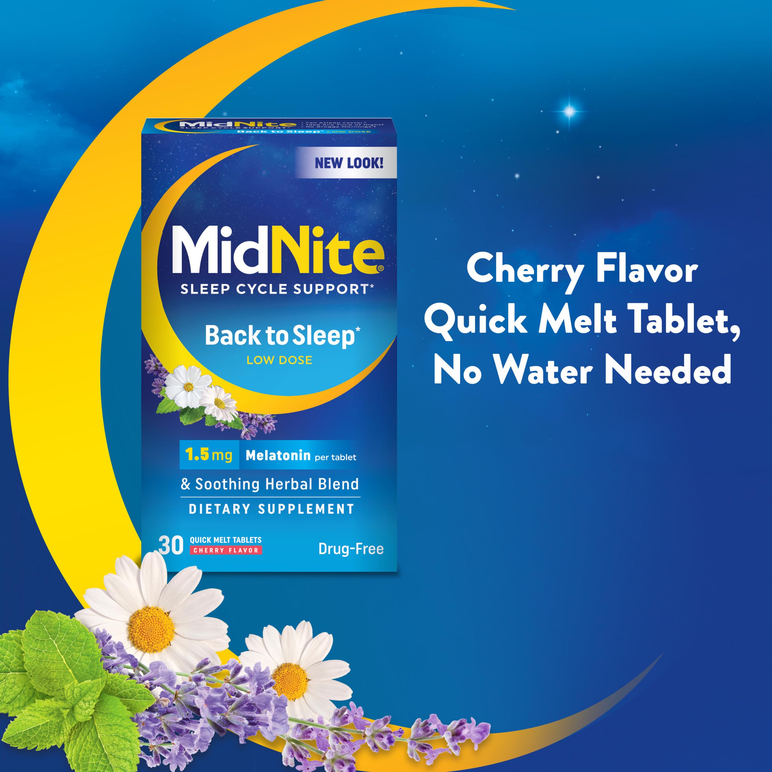 MidNite Back To Sleep Low Dose, 1.5 mg Melatonin Sleep Aid, Non-habit Forming, Herbal Dietary Supplement For Adults, Drug-free, Gluten-free, Lactose-free, Vegetarian, Vegan, 30 Quick Melt Tablets 2 ct