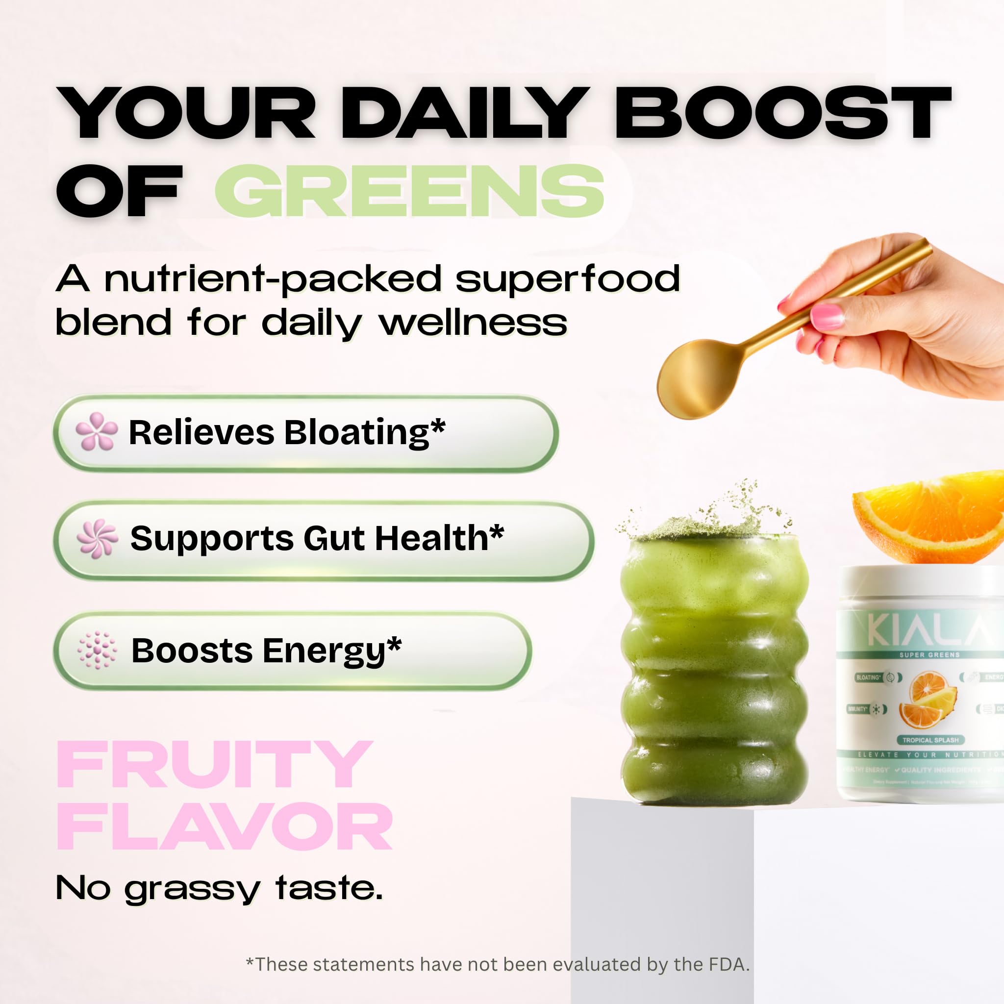 Kiala Nutrition Super Greens, Organic Greens Powder with Spirulina & Chlorella for Digestion, Gut Health, Immunity, Adaptogens, Energy, Gluten Free, Vegan, Sugar Free, Tropical Splash, 30 Servings