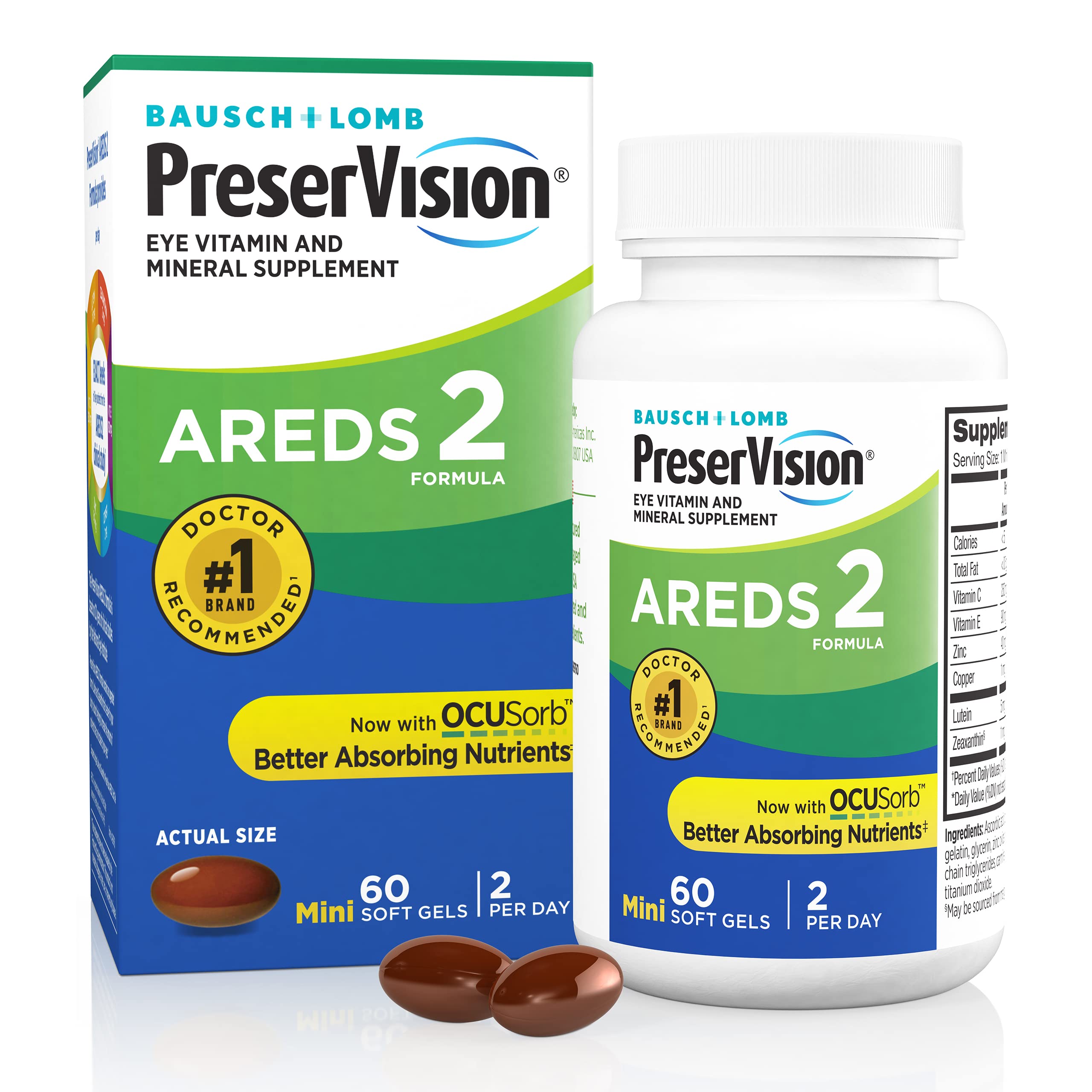 PreserVision AREDS 2 Eye Vitamins, #1 Eye Doctor Recommended Brand, Lutein and Zeaxanthin Supplement with Vitamin C, Vitamin E, Zinc, and Copper, 60 Softgels (Minigels)