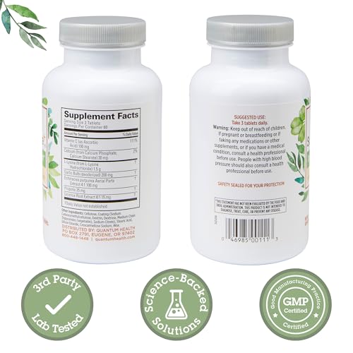 Quantum Health Super Lysine+ / Advanced Formula Lysine+ Immune Support with Vitamin C, Echinacea, Licorice, Propolis, Odorless Garlic (180 Tablets), Packaging may vary