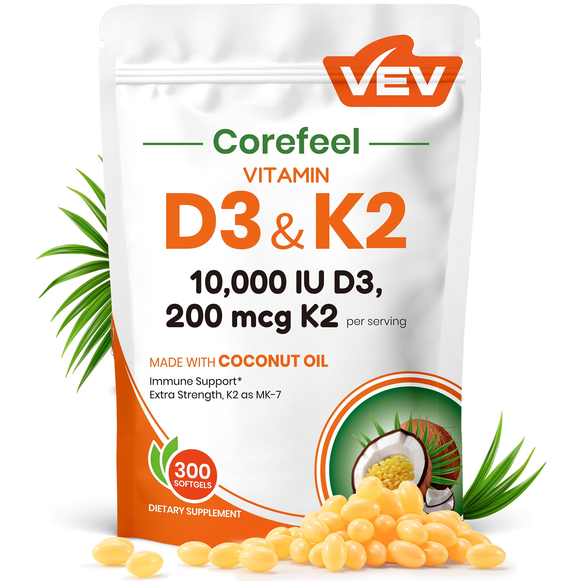 VEV Corefeel Vitamin D3 K2 10,000 IU, 200 mcg MK-7, 300 Coconut Oil Softgels, 2 in 1 Vitamins Supplement D & K (Include MK7), Easy to Swallow, Supports Calcium Absorption, Bone Health