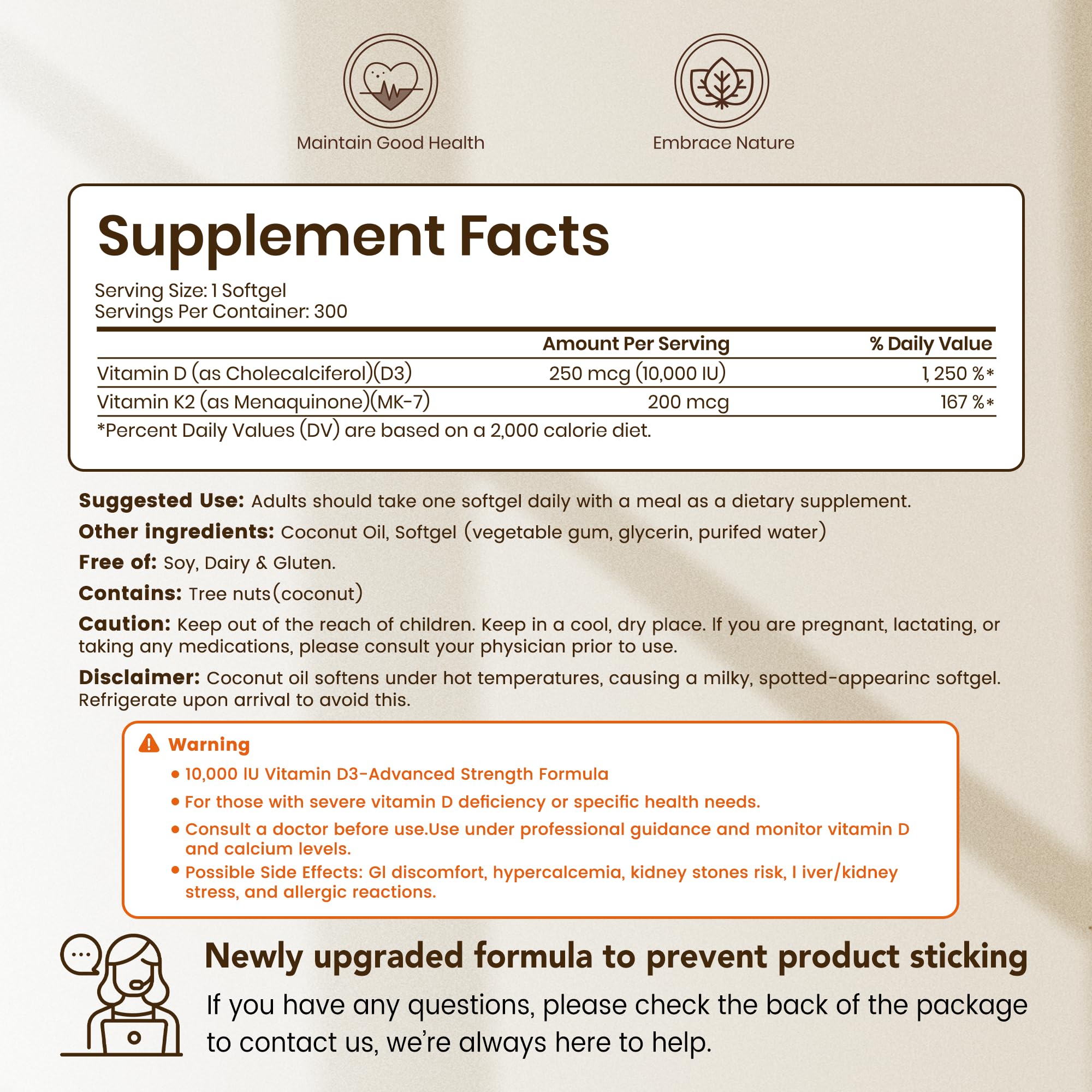 VEV Corefeel Vitamin D3 K2 10,000 IU, 200 mcg MK-7, 300 Coconut Oil Softgels, 2 in 1 Vitamins Supplement D & K (Include MK7), Easy to Swallow, Supports Calcium Absorption, Bone Health