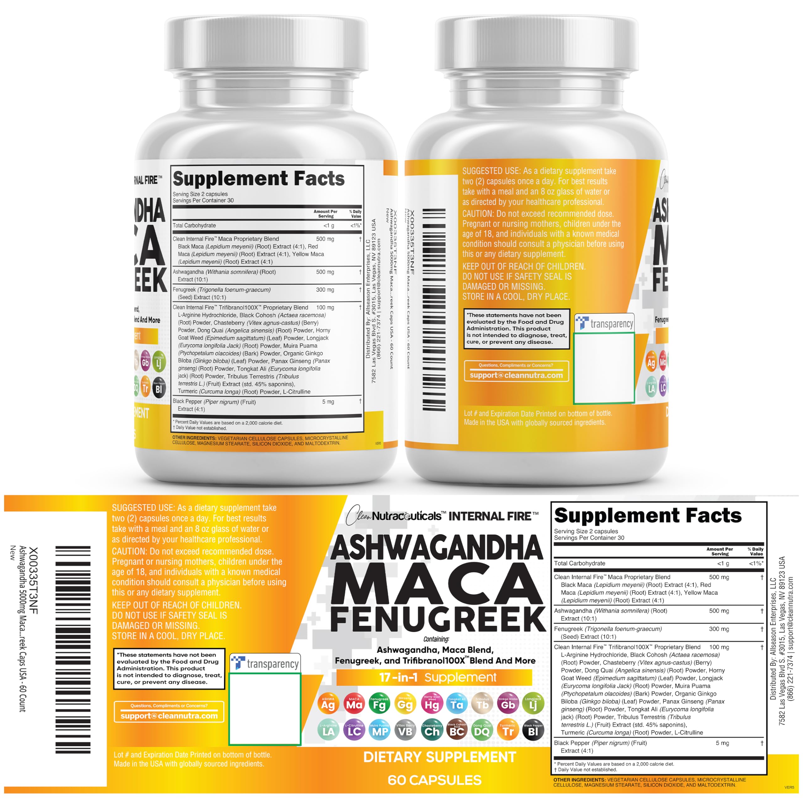 Clean Nutraceuticals Ashwagandha Maca Root Fenugreek Supplement with Tongkat Ali Ginseng - Assists with Stress, Mood & Thyroid - Ashwagandha Capsules Fenugreek Caps - 1 Pack
