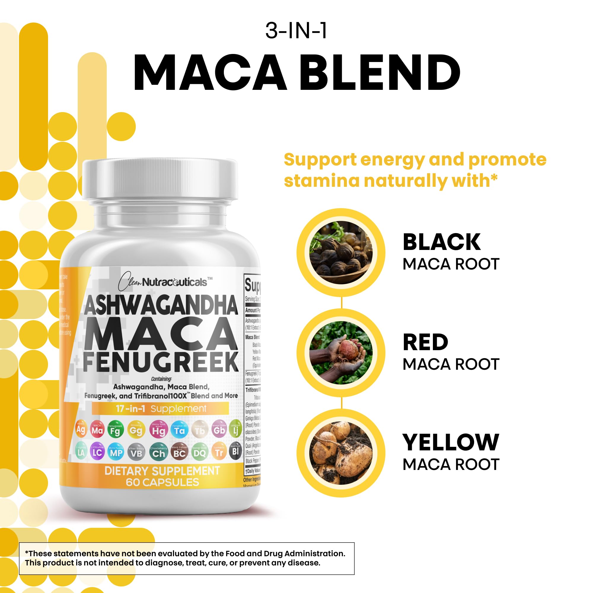 Clean Nutraceuticals Ashwagandha Maca Root Fenugreek Supplement with Tongkat Ali Ginseng - Assists with Stress, Mood & Thyroid - Ashwagandha Capsules Fenugreek Caps - 1 Pack