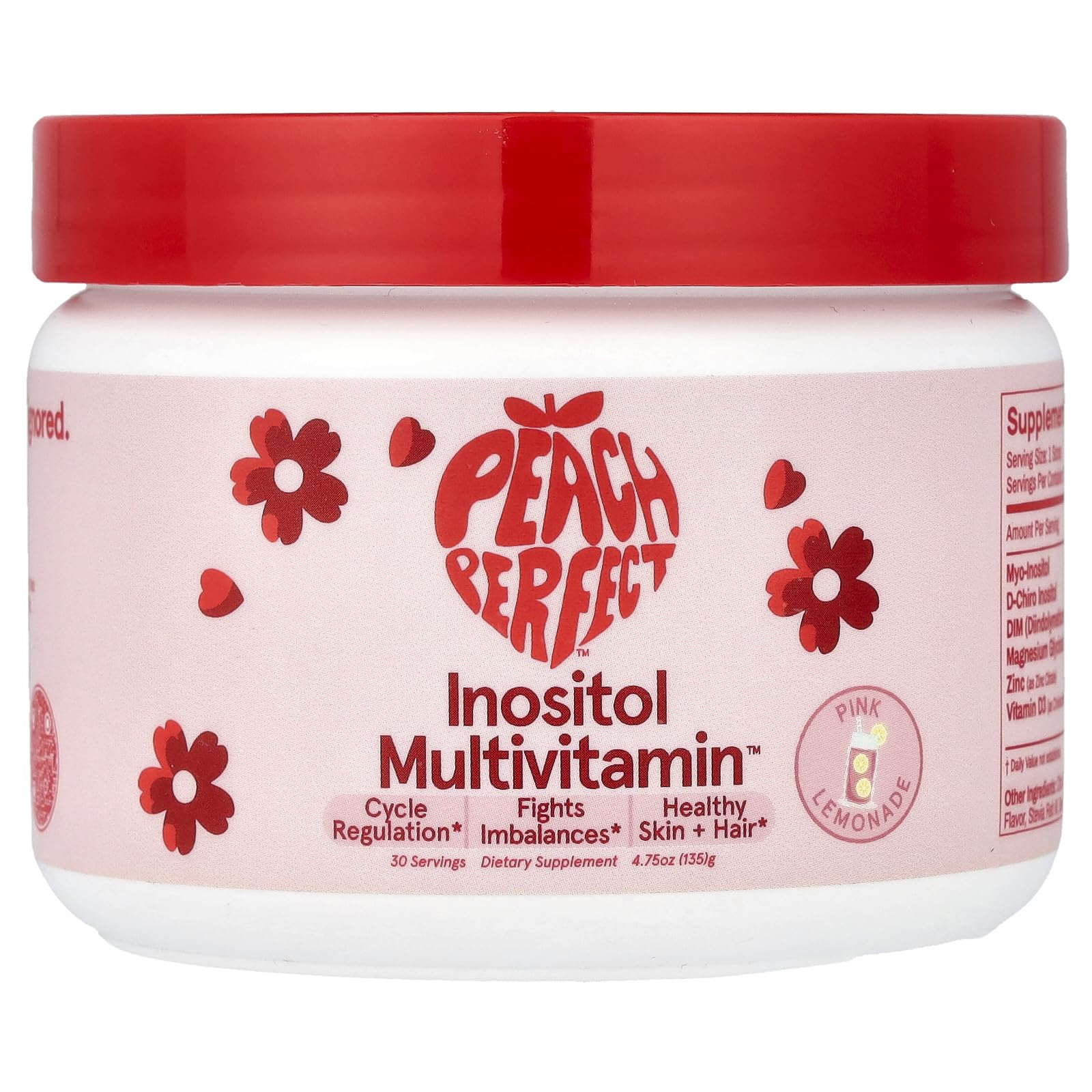 Peach Perfect Inositol Powder Multivitamin, Pink Lemonade Flavor – 4g Myo & D-Chiro Inositol, DIM, Zinc, Magnesium Glycinate, Vitamin D3 – Supports Women’s Health, Cycle, Energy, 30 SVG