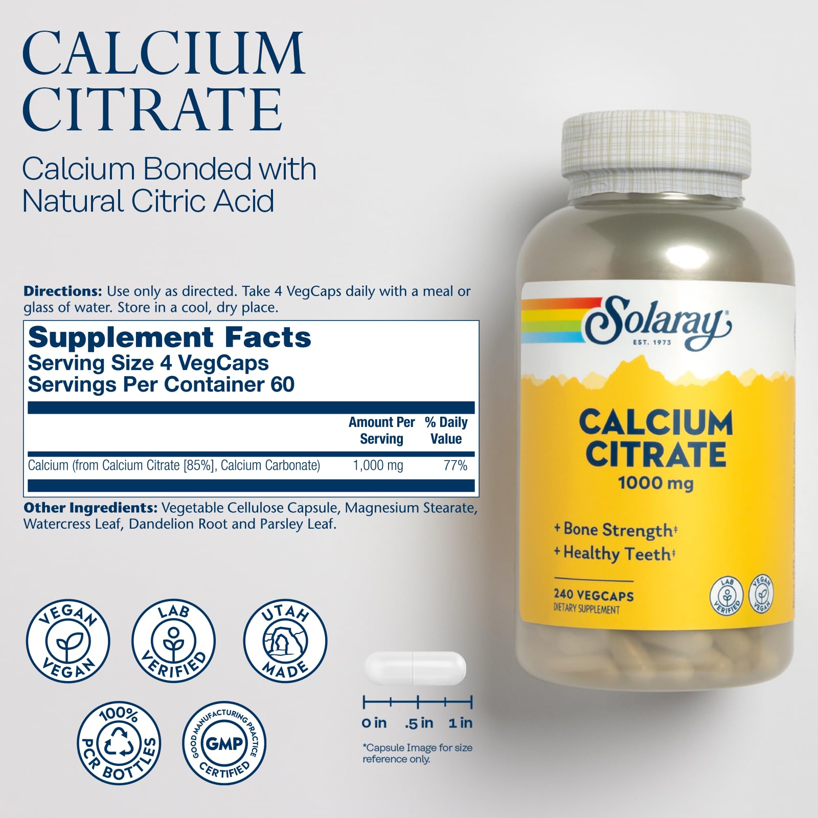 Solaray Calcium Citrate 1000mg - Chelated Calcium Supplement - Supports Bone Strength and Healthy Teeth - Easy to Digest - Vegan - 60 Servings, 240 VegCaps