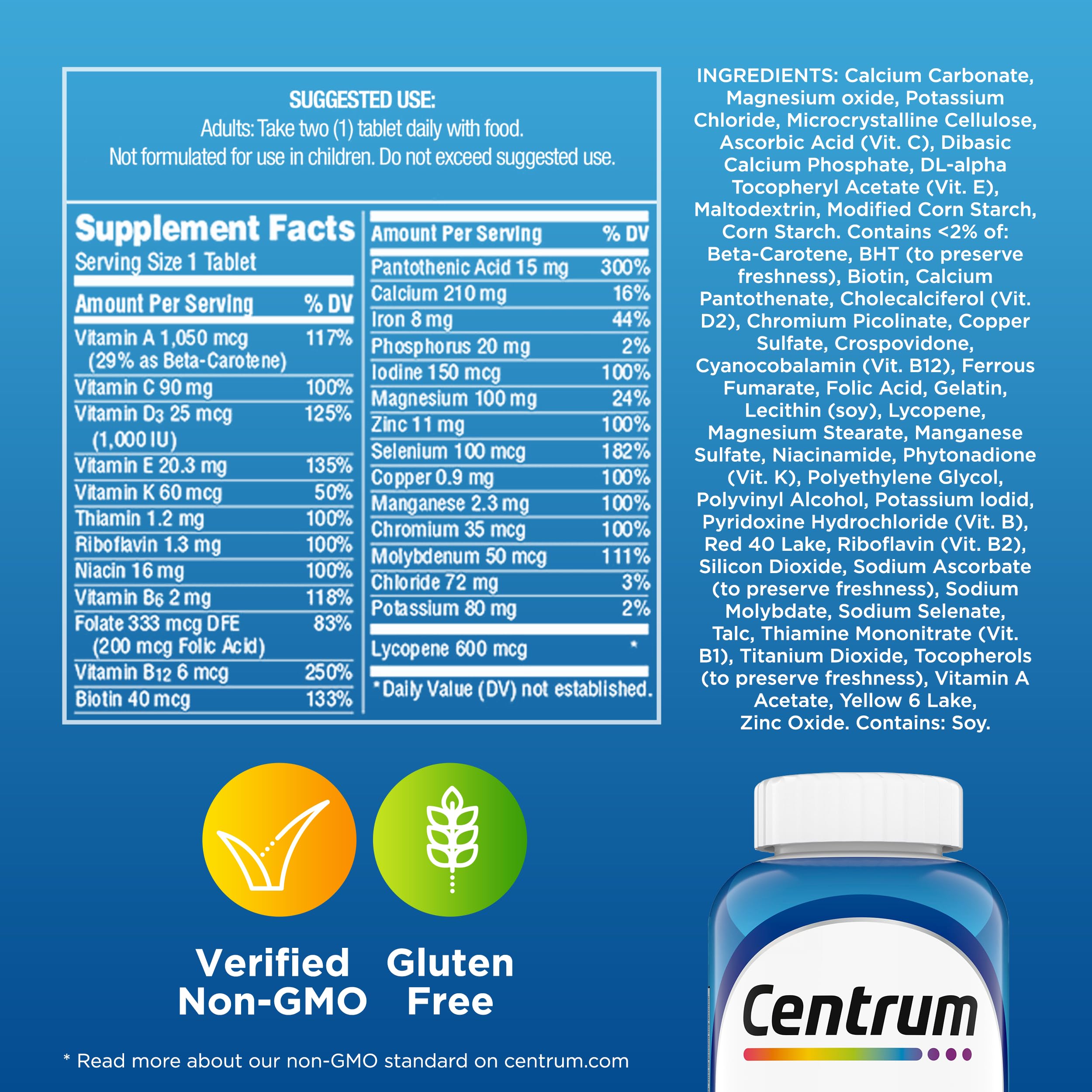 Centrum Multivitamin for Men, Multivitamin/Multimineral Supplement with Vitamin D3, B Vitamins and Antioxidants, Gluten Free, Non-GMO Ingredients - 250 Count