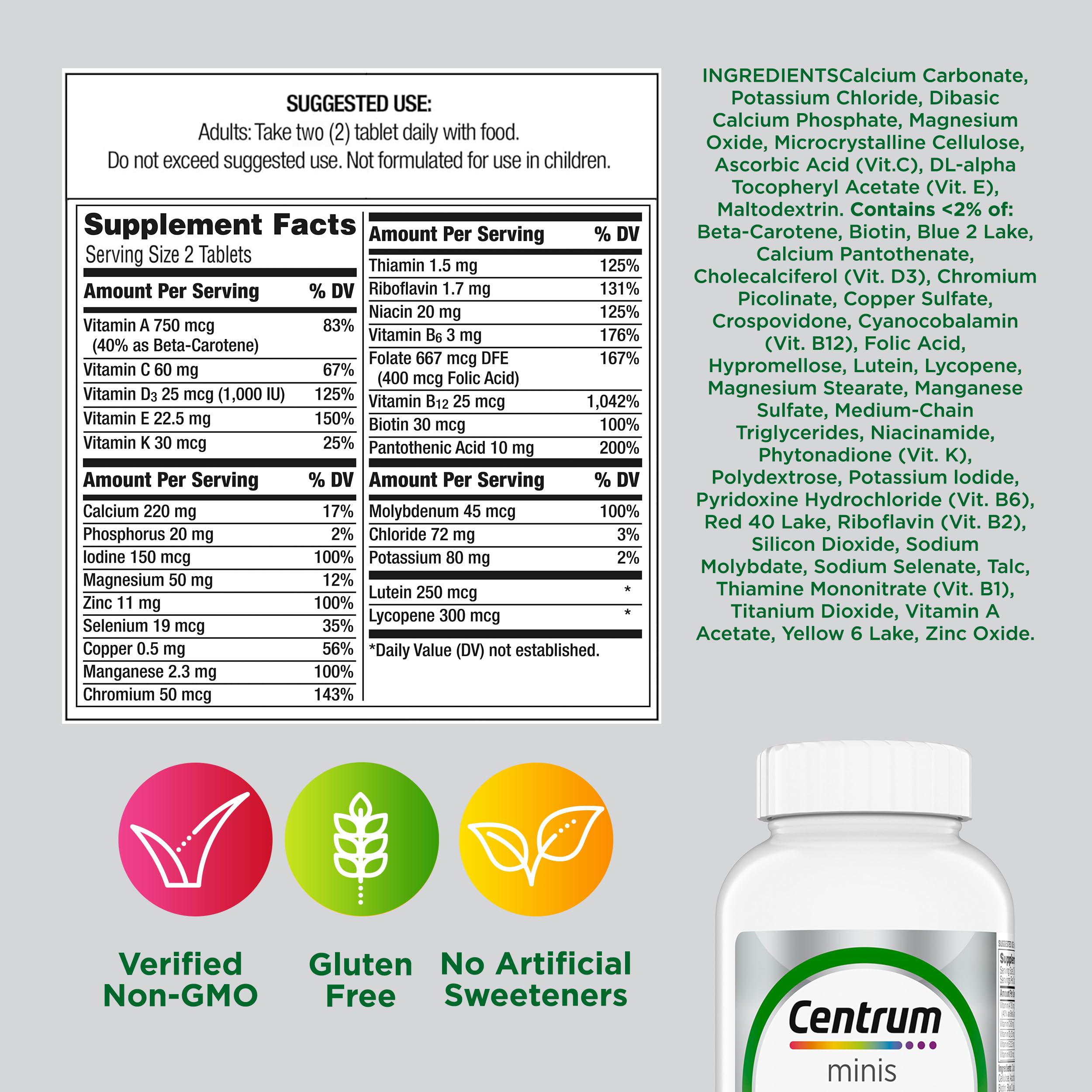 Centrum Minis Silver Multivitamin for Adults 50 Plus, Multimineral Supplement, Vitamin D3, B-Vitamins, Gluten Free, Non-GMO Ingredients, Supports Memory and Cognition in Older Adults - 320 Ct