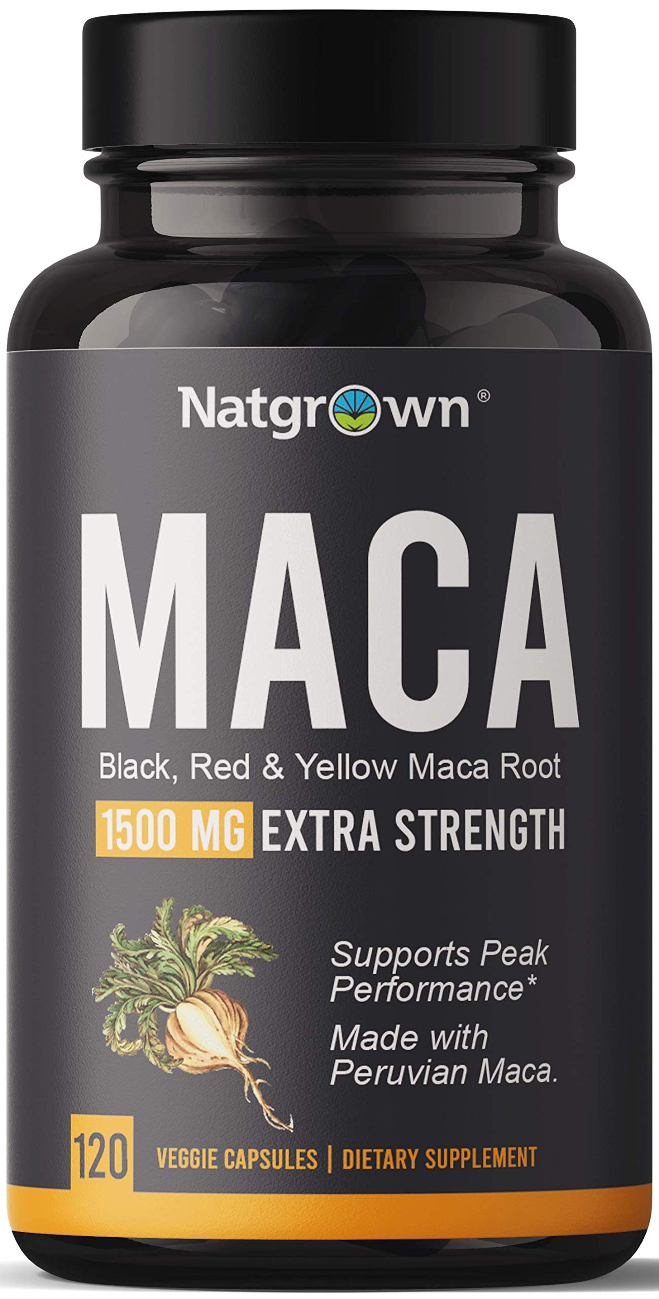 Natgrown Organic Maca Root Powder Capsules - Black, Red & Yellow - 1500 mg per Serving - Gelatinized Peruvian Maca Supplement - Non-GMO, Gluten-Free, Vegan - (120 Count)