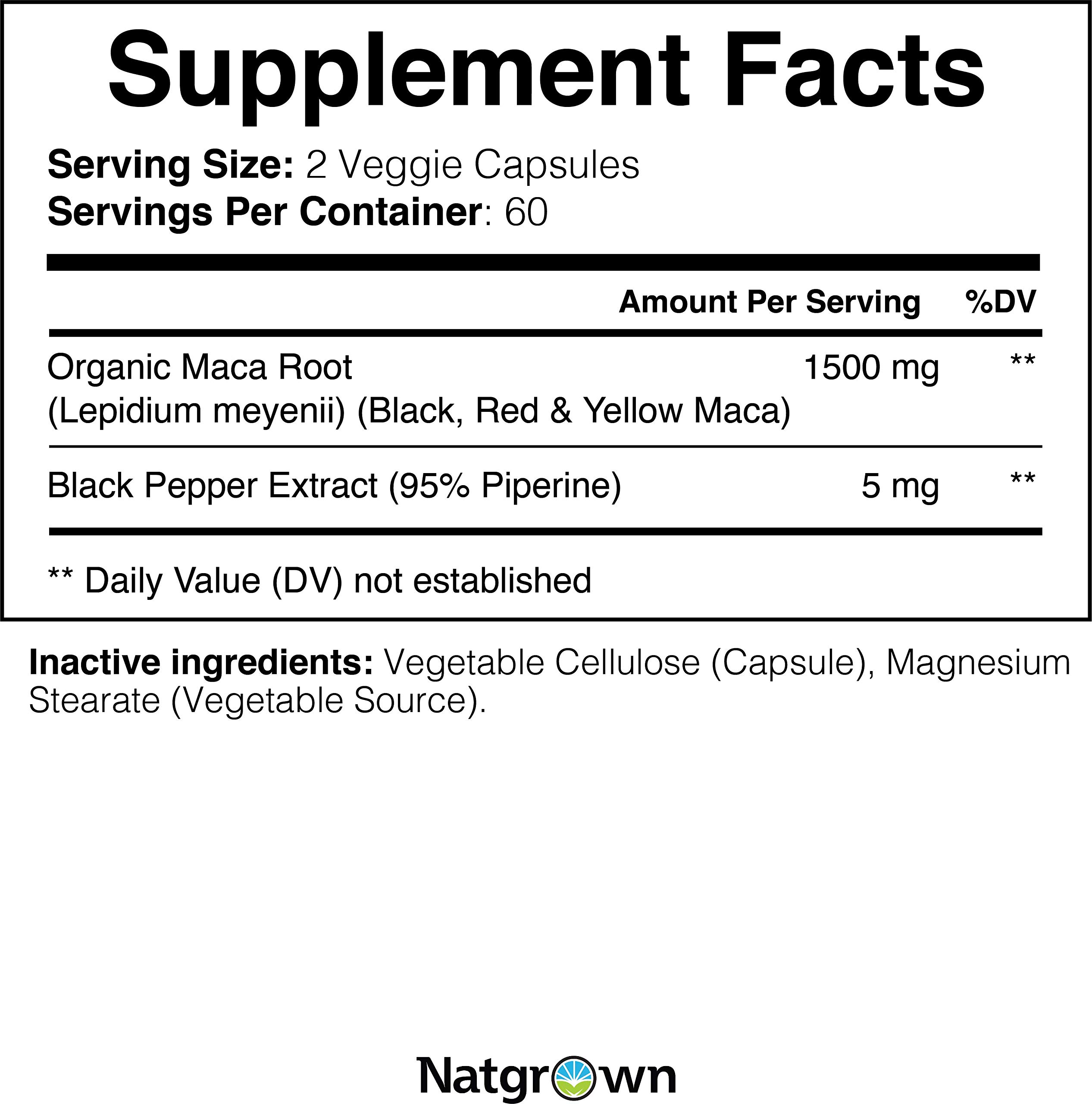 Natgrown Organic Maca Root Powder Capsules - Black, Red & Yellow - 1500 mg per Serving - Gelatinized Peruvian Maca Supplement - Non-GMO, Gluten-Free, Vegan - (120 Count)