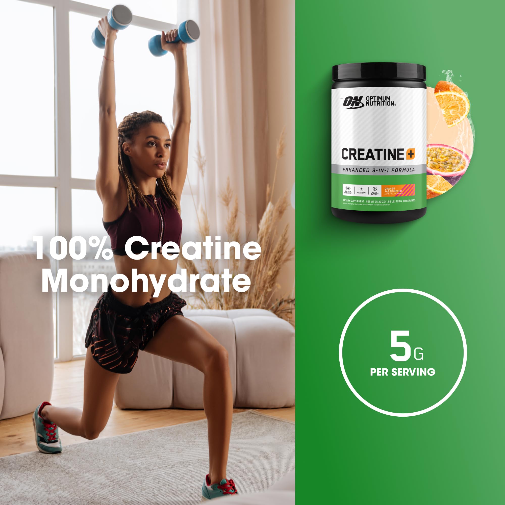 Optimum Nutrition Creatine Monohydrate Plus Powder, Orange Passionfruit Flavored Creatine Performance Blend With Electrolytes for Hydration, Added Vitamins, 80 Servings, 720 Grams (Packaging May Vary)