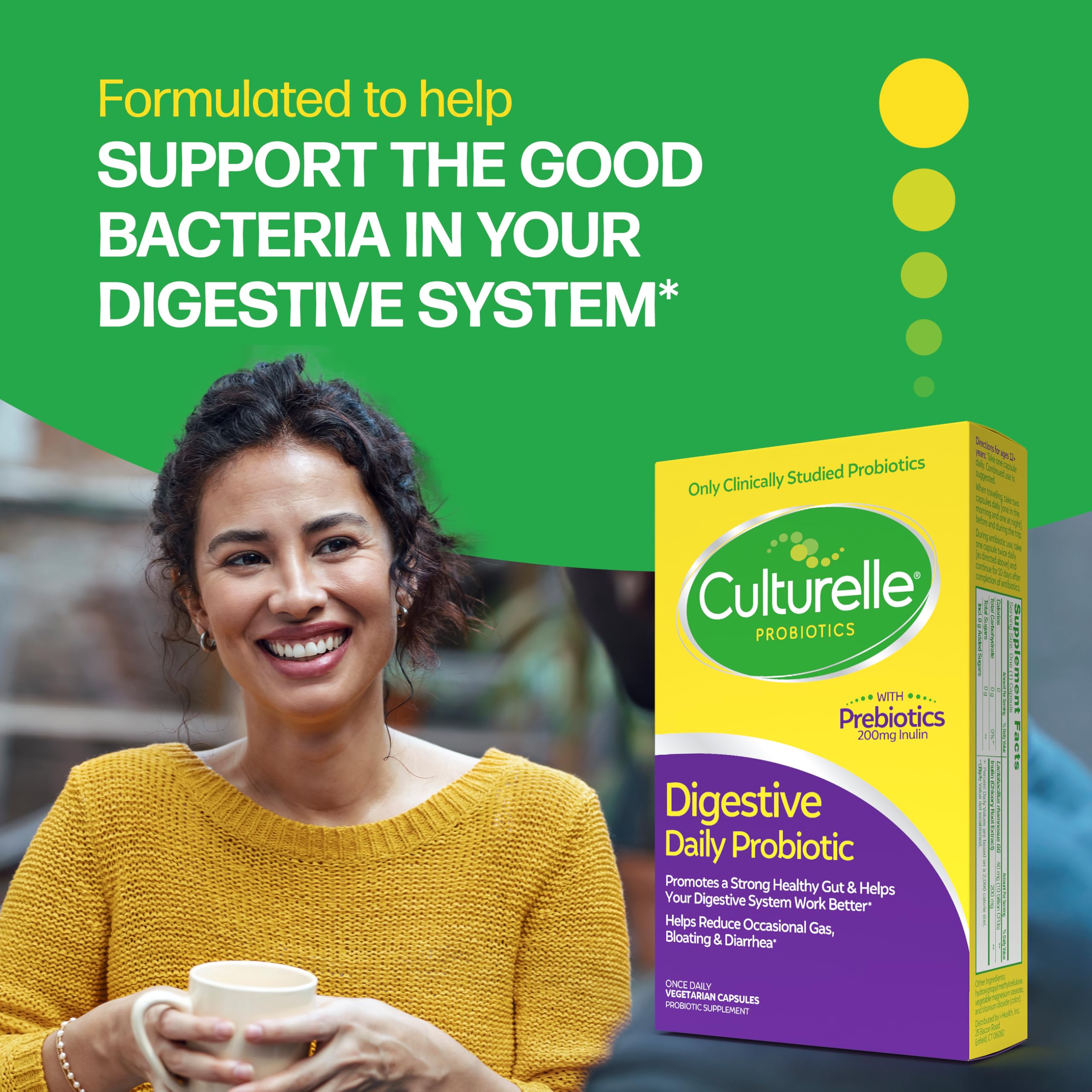Culturelle Daily Probiotic Capsules For Men & Women, Most Clinically Studied Probiotic Strain, Digestive & Gut Health, Supports Occasional Diarrhea, Gas & Bloating, 1 Month Supply, 30 CT