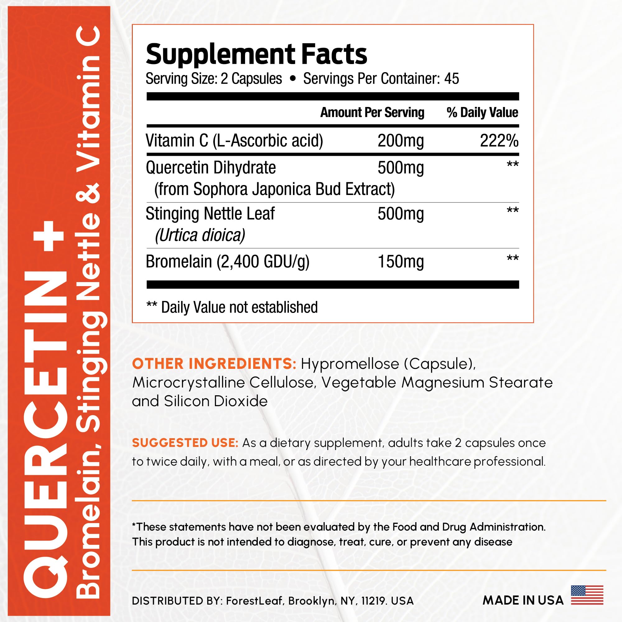 ForestLeaf Quercetin with Bromelain - 1350mg Blend with Vitamin C & Stinging Nettle, Advanced Quercetin 500mg Supplement, Non-GMO Gluten Free, Natural Immune & Respiratory Function 180 Veggie Capsules