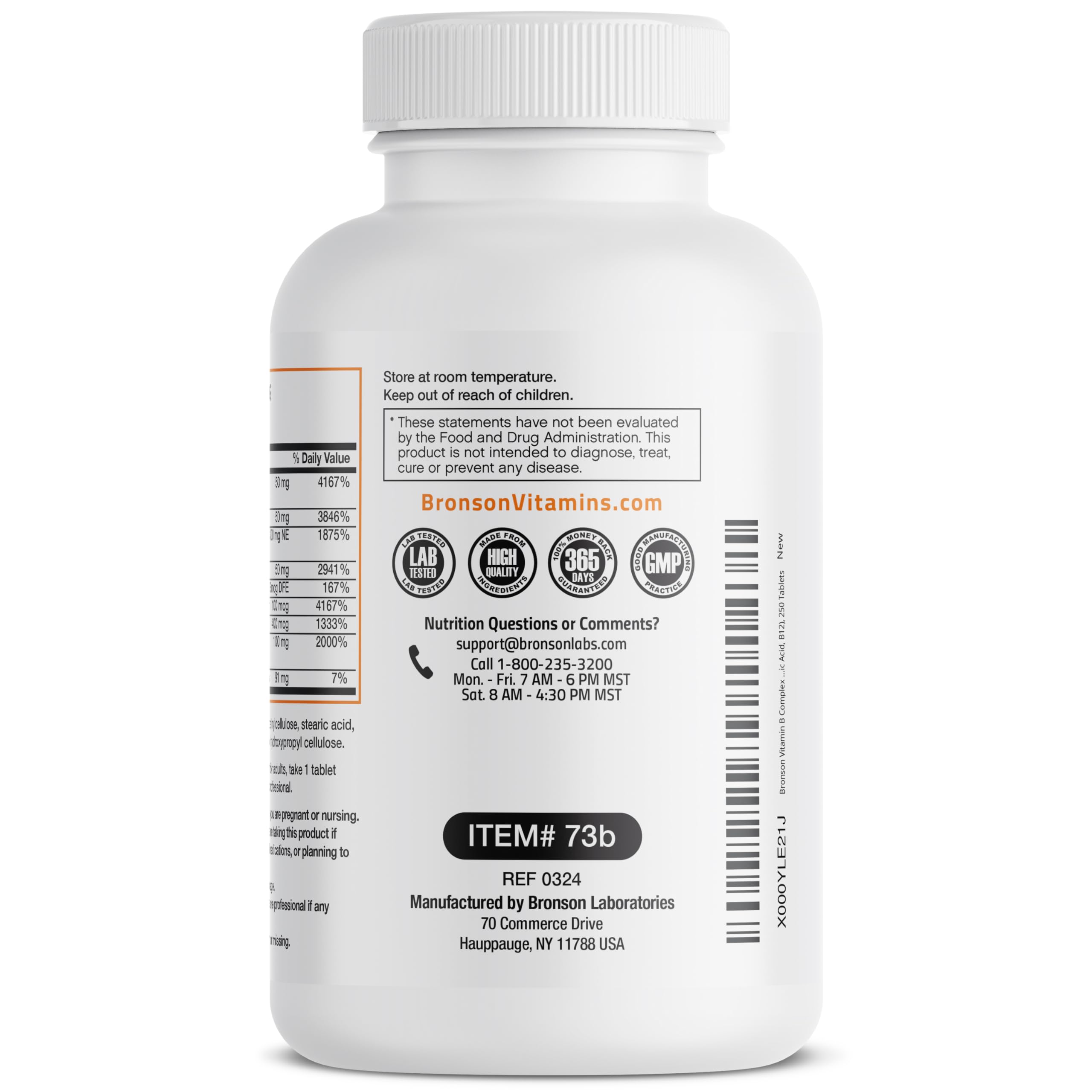 Bronson Super B Vitamin B Complex Sustained Slow Release (Vitamin B1, B2, B3, B6, B9 - Folic Acid, B12) Contains All B Vitamins 250 Tablets