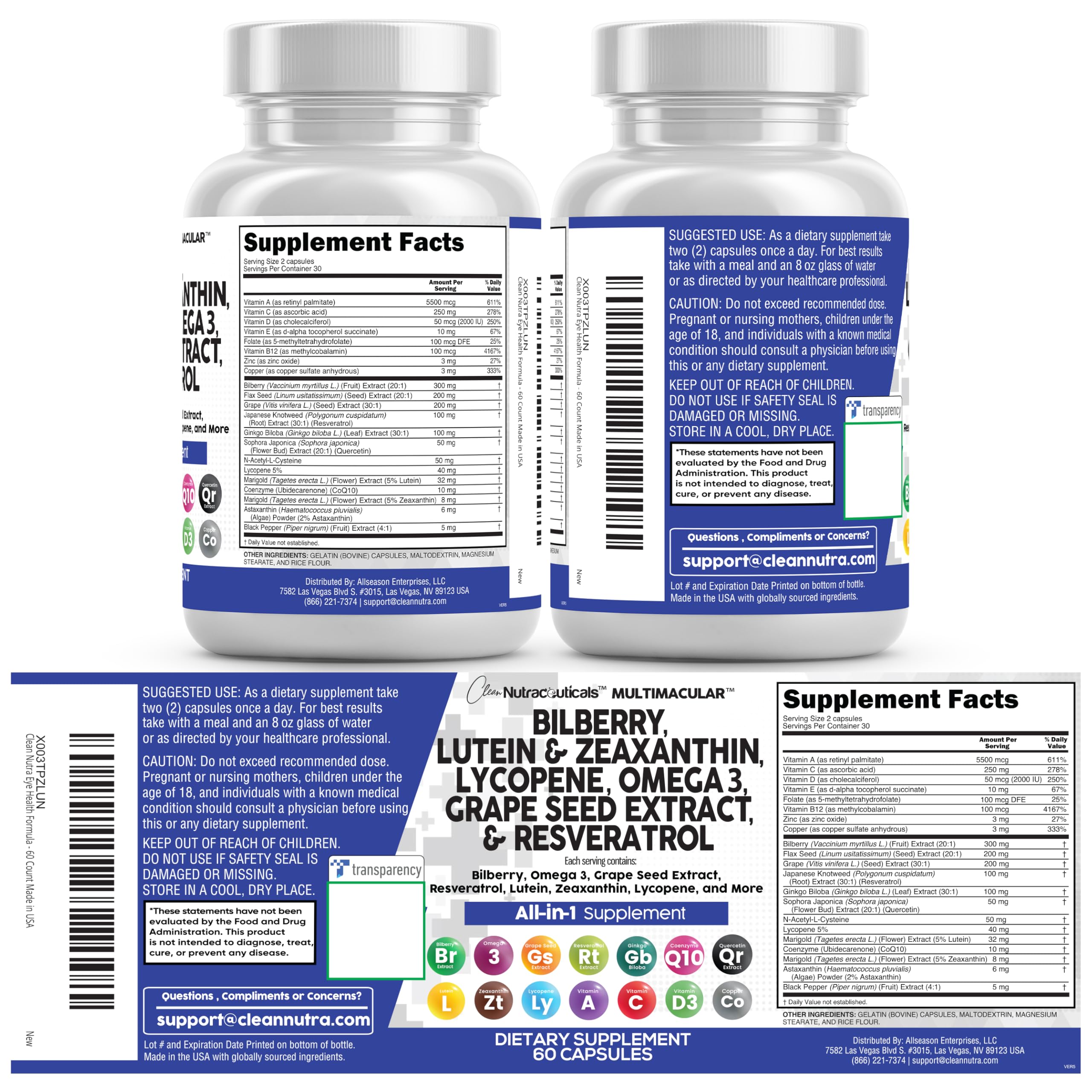 Clean Nutra Eye Vitamins with Bilberry Lutein and Zeaxanthin Supplements Lycopene 40mg Resveratrol Grape Seed Astaxanthin for Eyes - Eye Care Health Support Eye Vitamin and Mineral Supplement